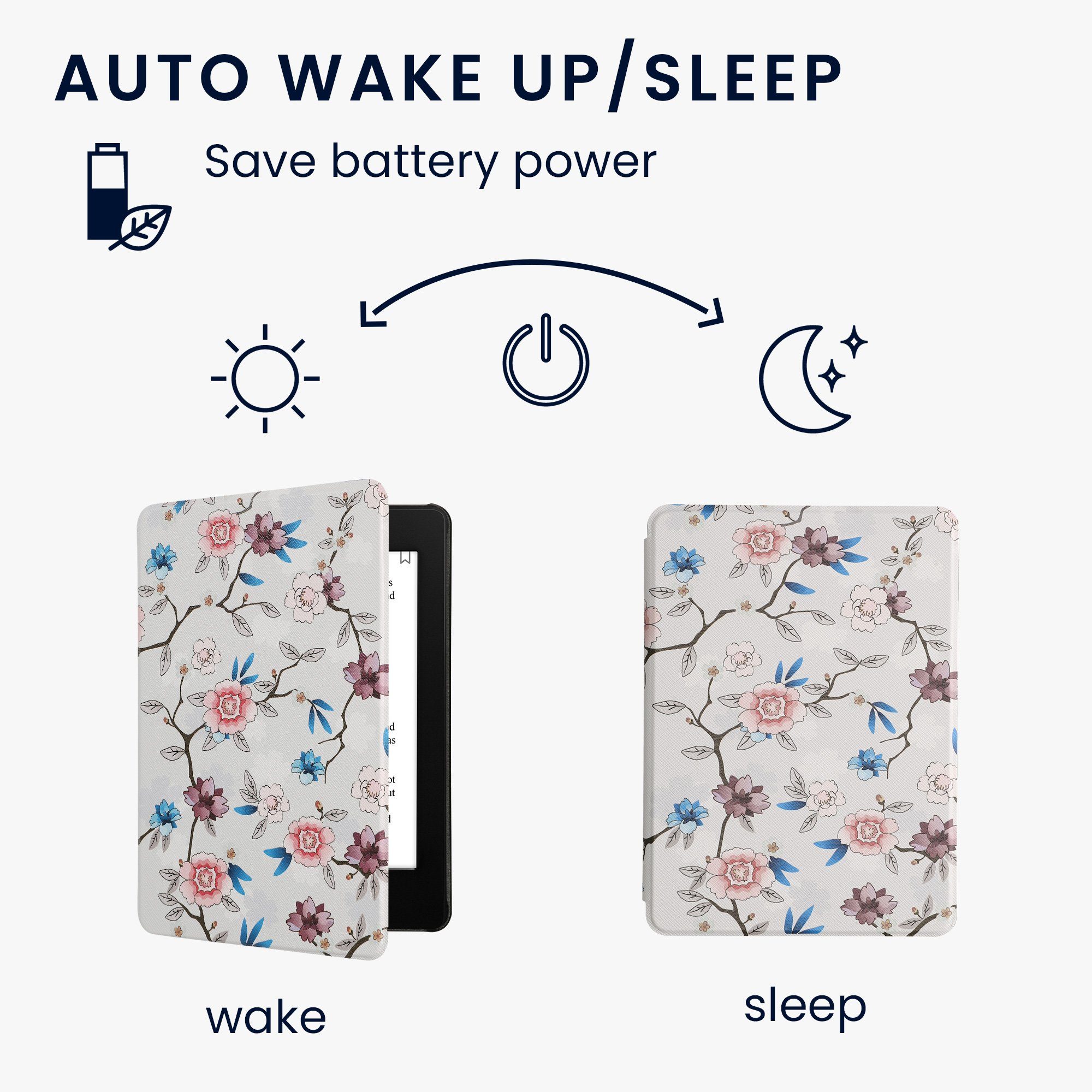 kwmobile E-Reader-Hülle Klapphülle für Amazon Kindle Paperwhite 11. Generation Hülle, eReader Case Blüten und Blätter Design Weiß Rosa Blau