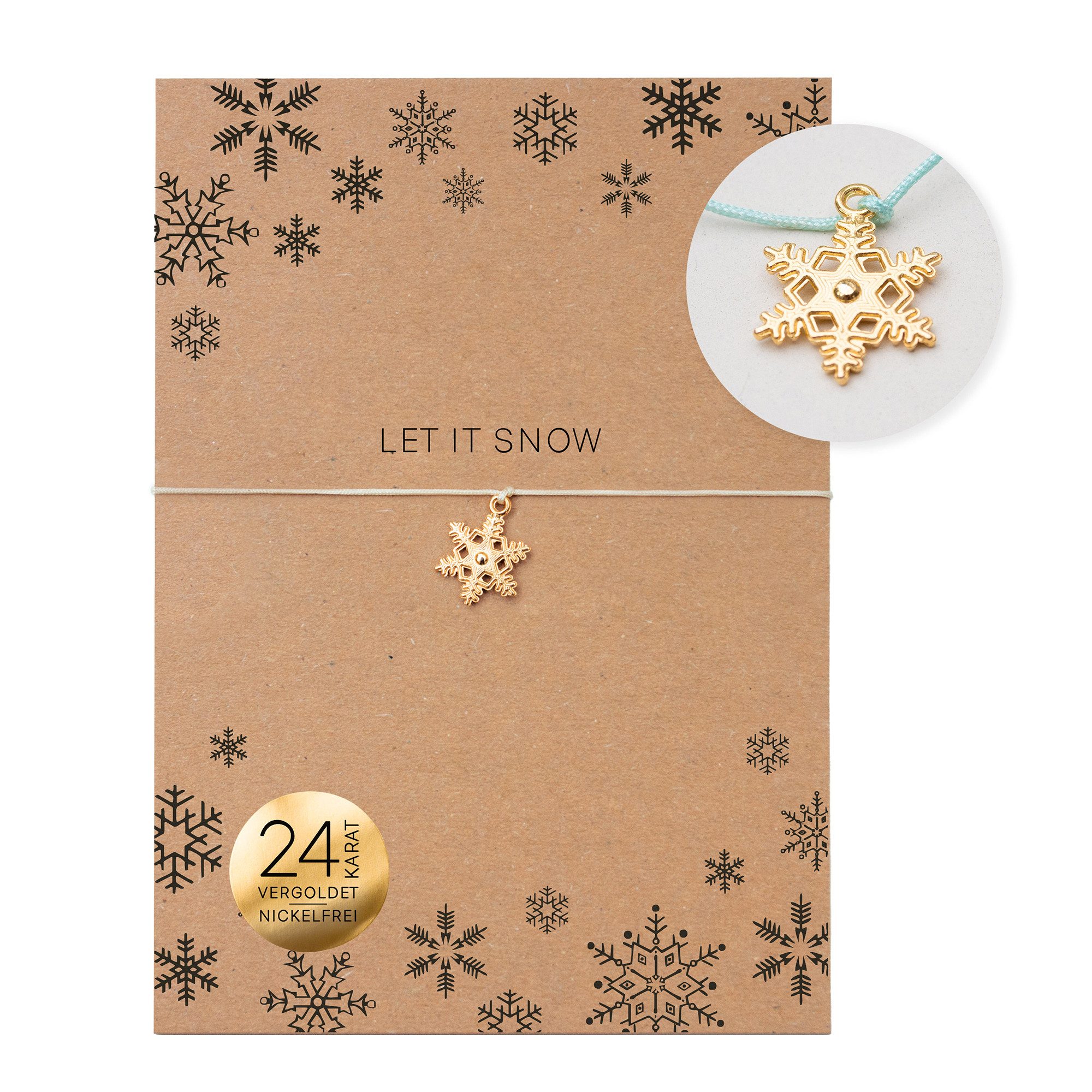 Bow & Hummingbird Charm-Armband Schneeflocken Armband „Let it Snow“ Weihnachtsarmband 24K vergoldet (Spruch "Let it snow", Auf Karte aus 100% Recyclingpapier), 24 Karat vergoldeter Anhänger