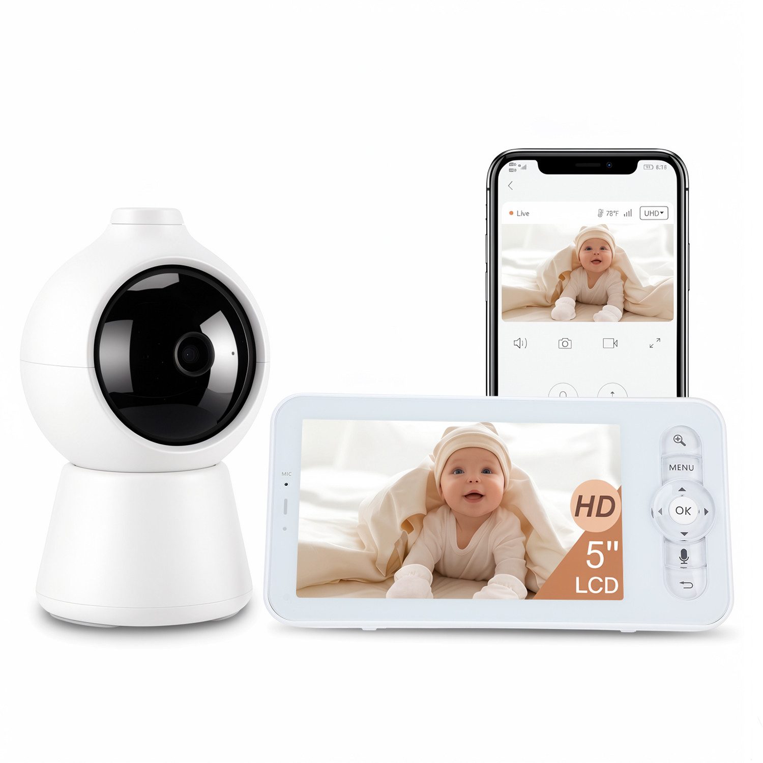 oyajia Babyphone Babyphone mit Kamera, Video Baby Monitor, Video-Babyphone, Infrarot-Nachtsicht, Temperaturanzeige, Schlaflieder, Zwei-Wege-Audio, Gegensprechfunktion, Smart VOX-Modus, Extra großer 5'' IPS-Bildschirm