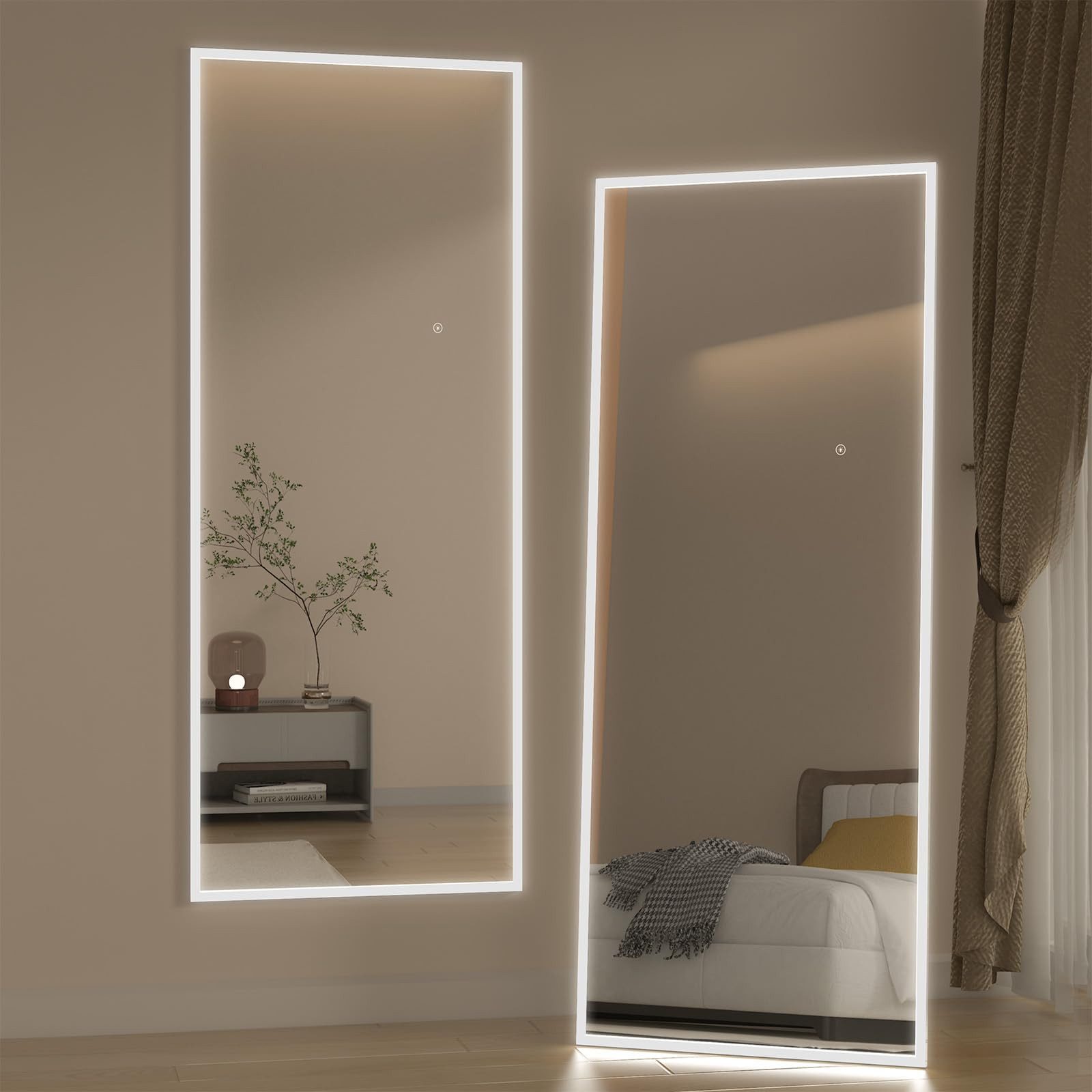 Elemango Ganzkörperspiegel LED-Bogenboden-Spiegel mit 3 Farbwechseln, 165x60 cm, Aluminiumrahmen, Ganzkörperspiegel mit Halterung,Beleuchteter Bodenspiegel