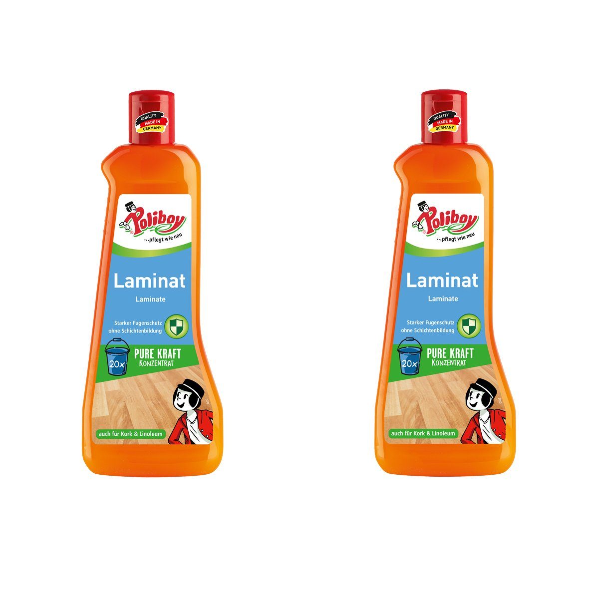 poliboy Laminat Pflege Konzentrat mit Orangenöl - 1 Liter - Laminatreiniger (auch für Kork und Linoleum - Kraftvoll/Streifenfrei - Made in Germany)