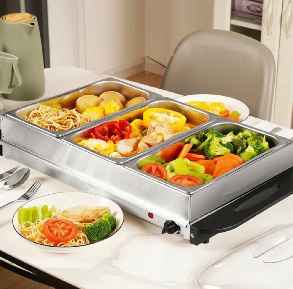 Rungassi Bratpfanne 3 Behälter Speisewärmer Warmhalteplatte Buffetwärmer 2in1 Catering, Edelstahl / Kunststoff – Bild 3 von 5