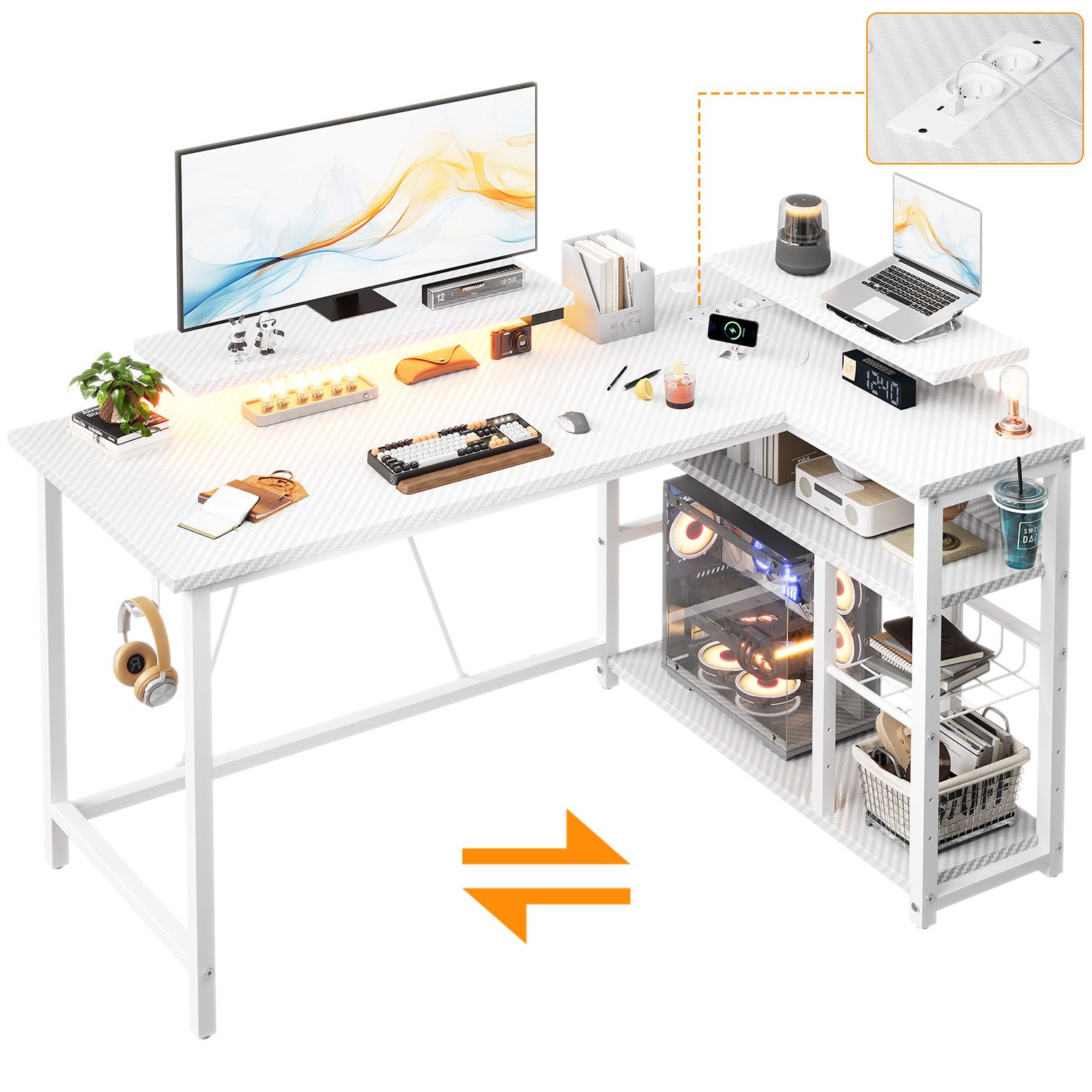 HOMALL Schreibtisch L-förmiger Computertisch mit Steckdosen, USB-Anschlüssen und Stauraum (120/140 × 50 × 75/80 cm großer Gaming-Tisch mit zwei Ablageflächen, einer abnehmbaren Trennwand zum Selberbauen und Kopfhörer-/Becherhaltern)