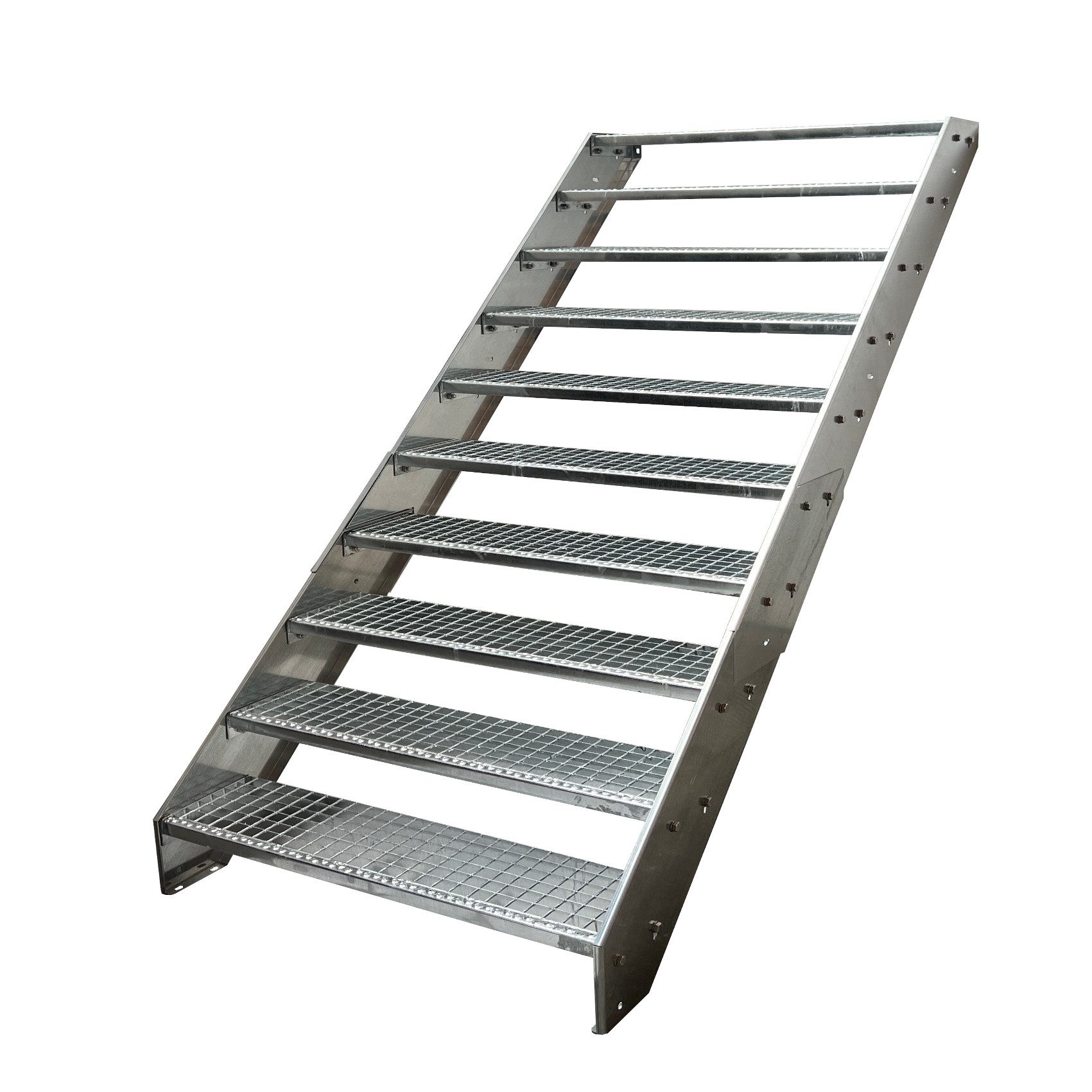 Kaminbau Mierzwa Außentreppe Stahltreppe 16 Stufen Verzinkt mit und ohne Geländer Höhe 190 cm, für Geschosshöhen bis 190 cm, Stufen Gitterroststufen nach DIN 24531, (Stufenbreite und Geländerart wählbar)