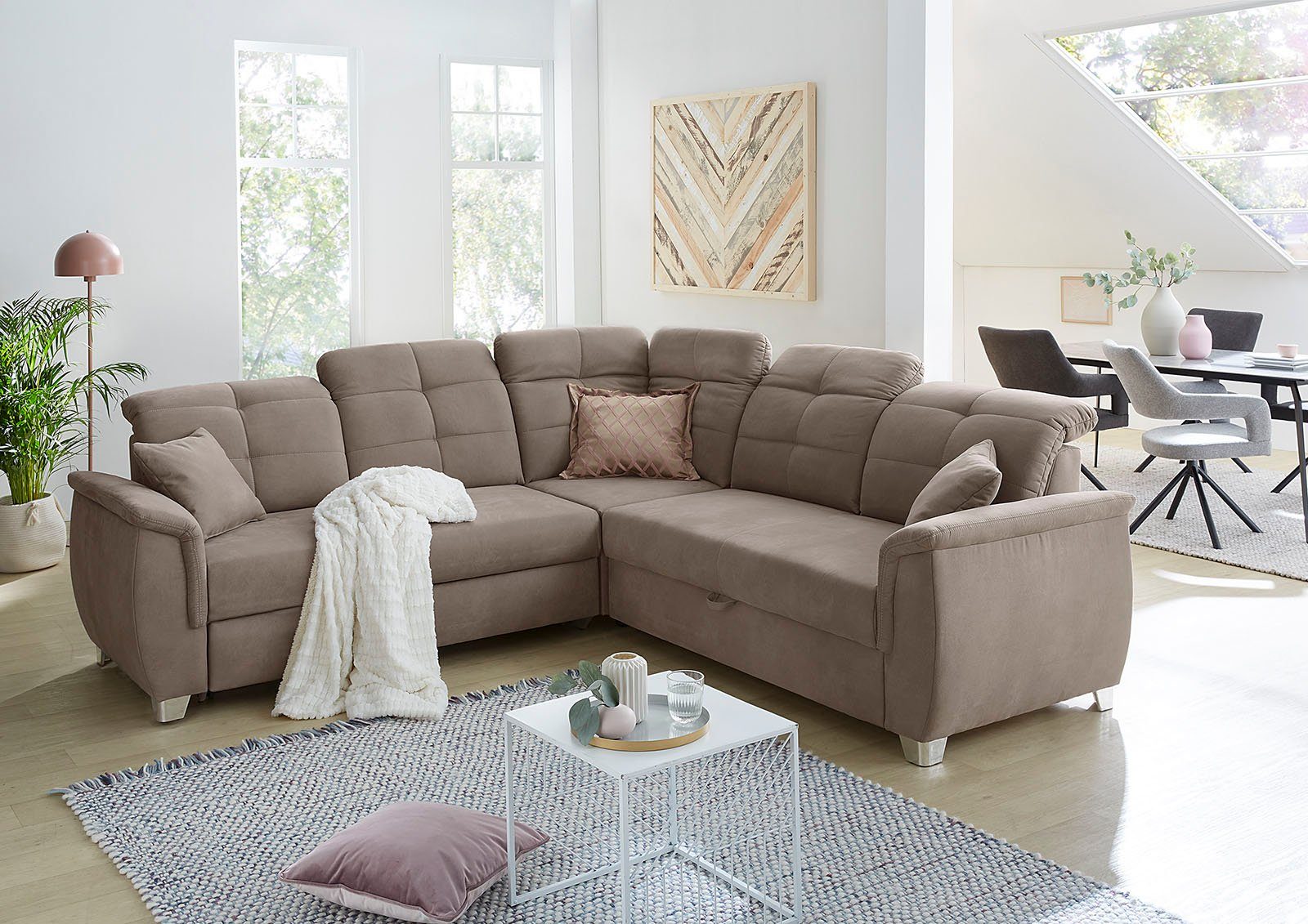 Jockenhöfer Gruppe Ecksofa Udine L-Form, B: 263 cm, mit Bettfunktion, Bettkasten, Kopfteilverstellung & Zierkissen