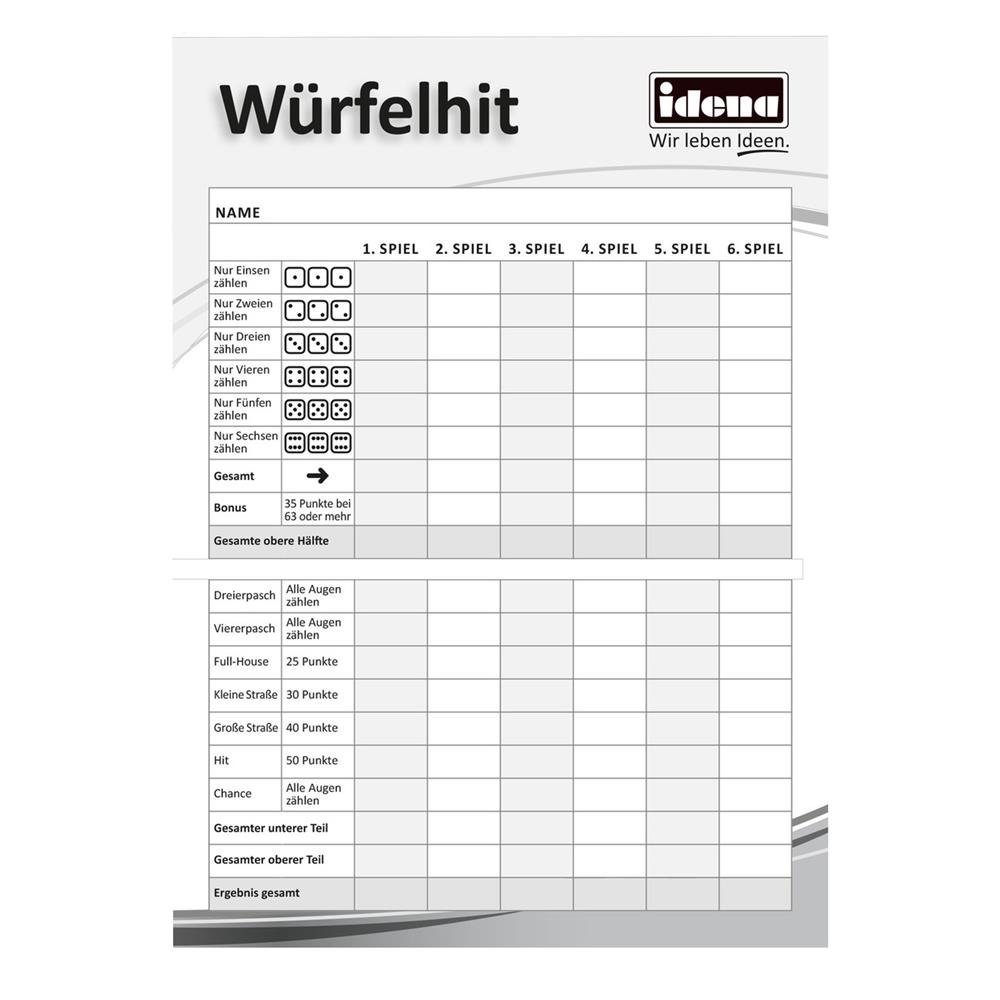 Idena Spiel Würfelhit, Würfelspiel, 3 Spielblöcke mit je 85 Blatt für 1530 Würfelspiele