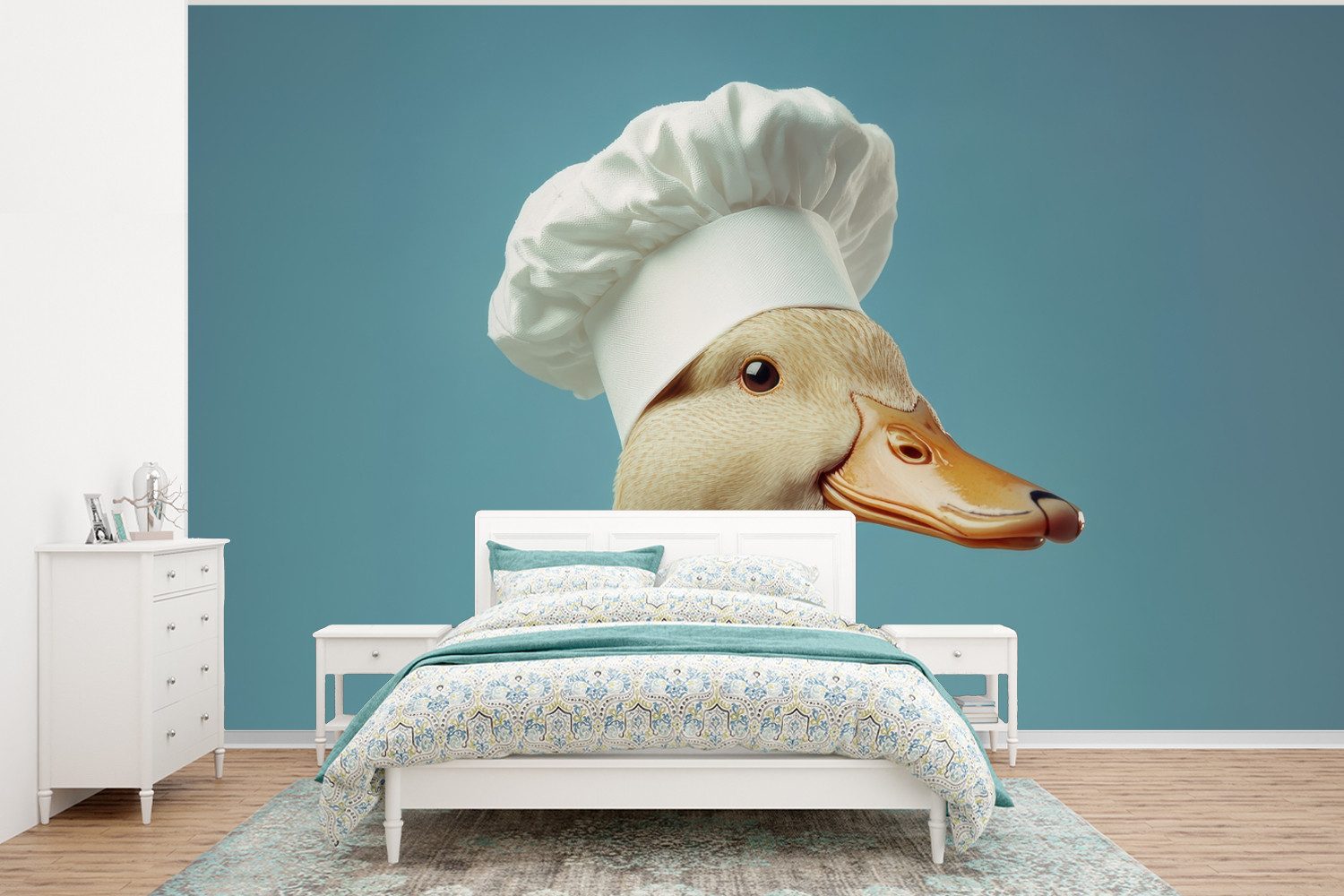 MuchoWow Fototapete Ente - Kochmütze - Niedlich - Vogel, Matt, bedruckt, Wallpaper für Wohnzimmer, Schlafzimmer, Vinyl Tapete, 400x300 cm