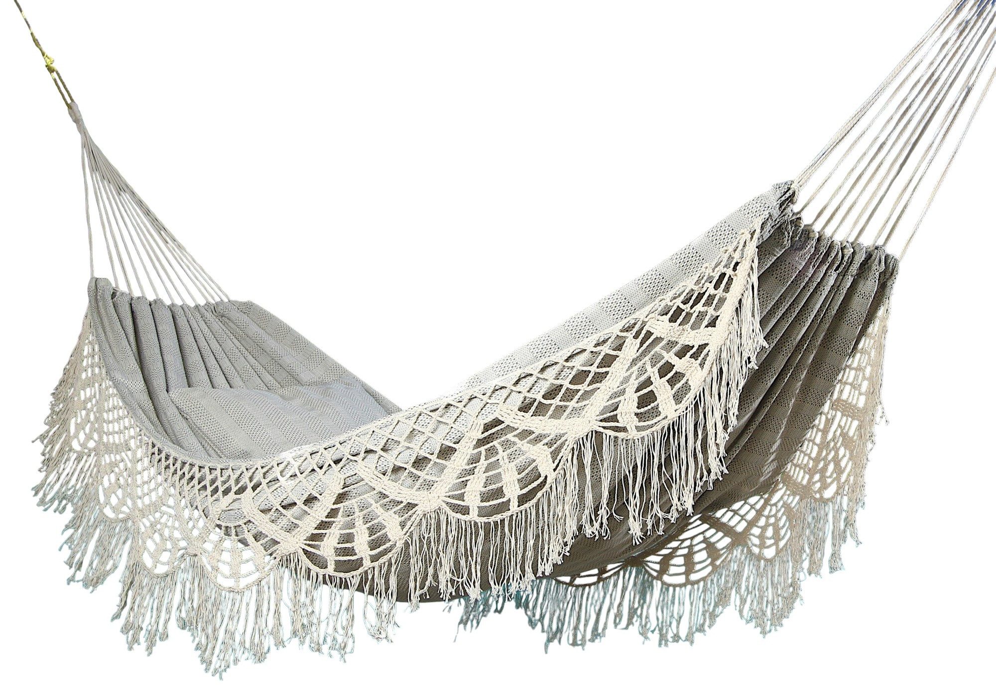 HOPLO Hängematte Doppel Hängematte Exporsal HW-328 C Jaquard ecru/denim mit Borte, Hergestellt unter fairen Bedingungen!