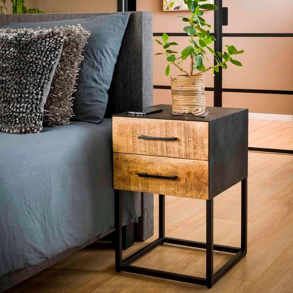 RINGO-Living Beistelltisch Massivholz Nachttisch Yolli mit 2 Schubladen in Natur-dunkel und Schwa, Möbel | Ablagetische