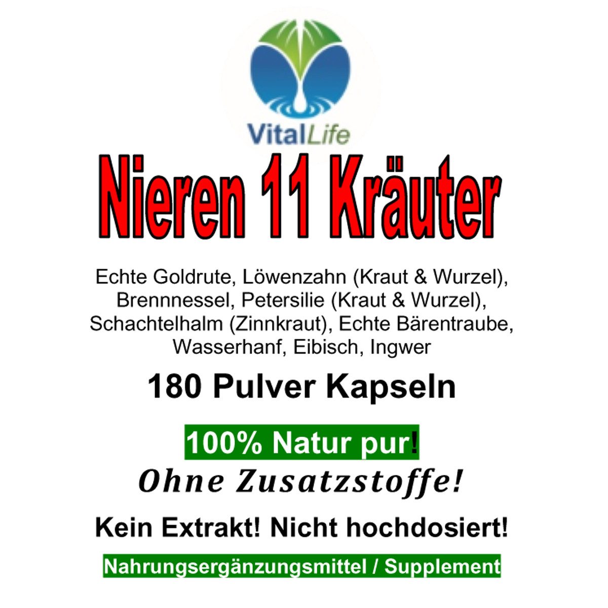 VitalLife Nieren 11 Kräuter "Nierenkräuter" NATUR Pur Ohne Zusatzsoffe Kapseln, 4 er Dose à 180 St., 340 g, Art. 26310-720