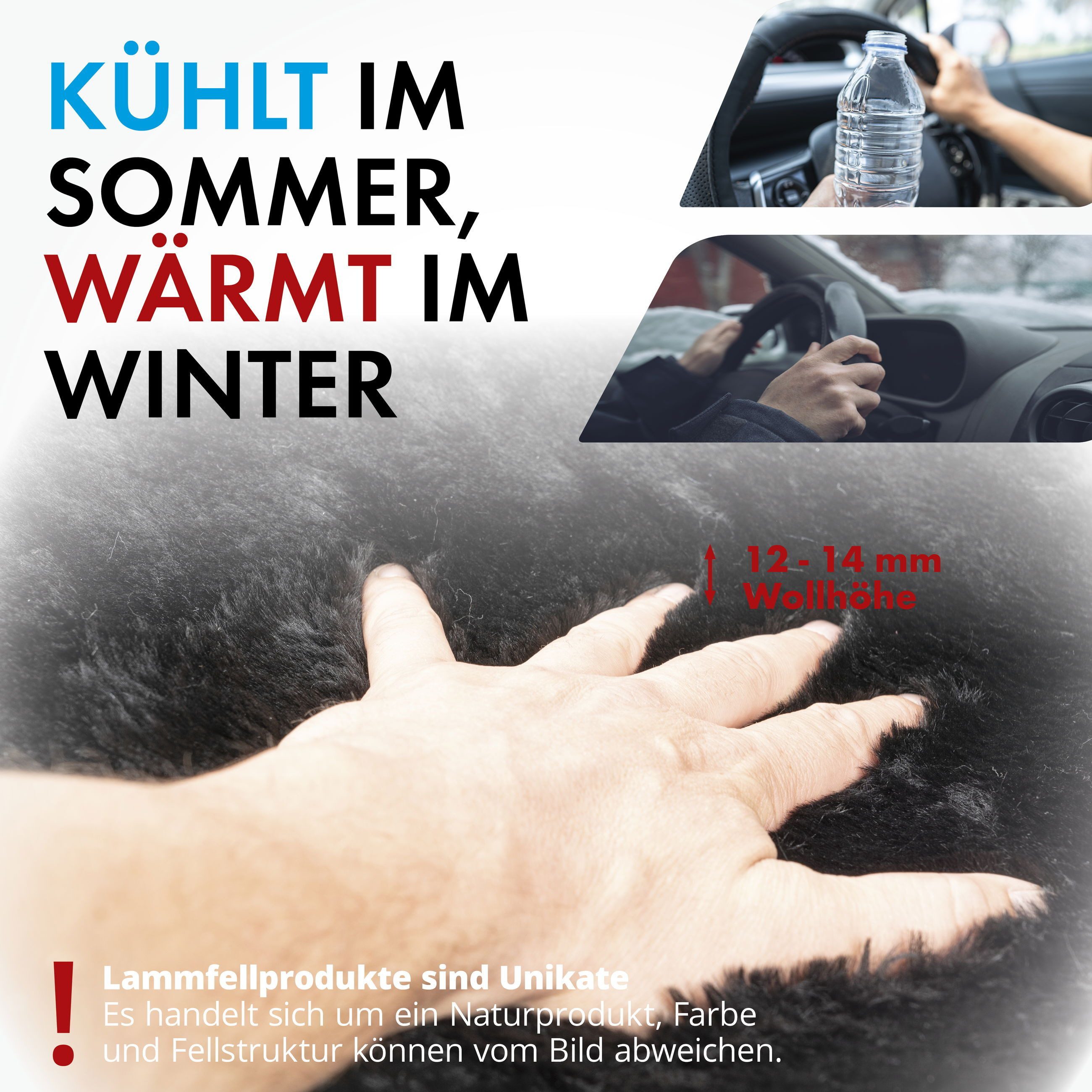 WALSER Car Seat Cover Steering Wheel Cover Lambskin, 1 piece, 1-piece