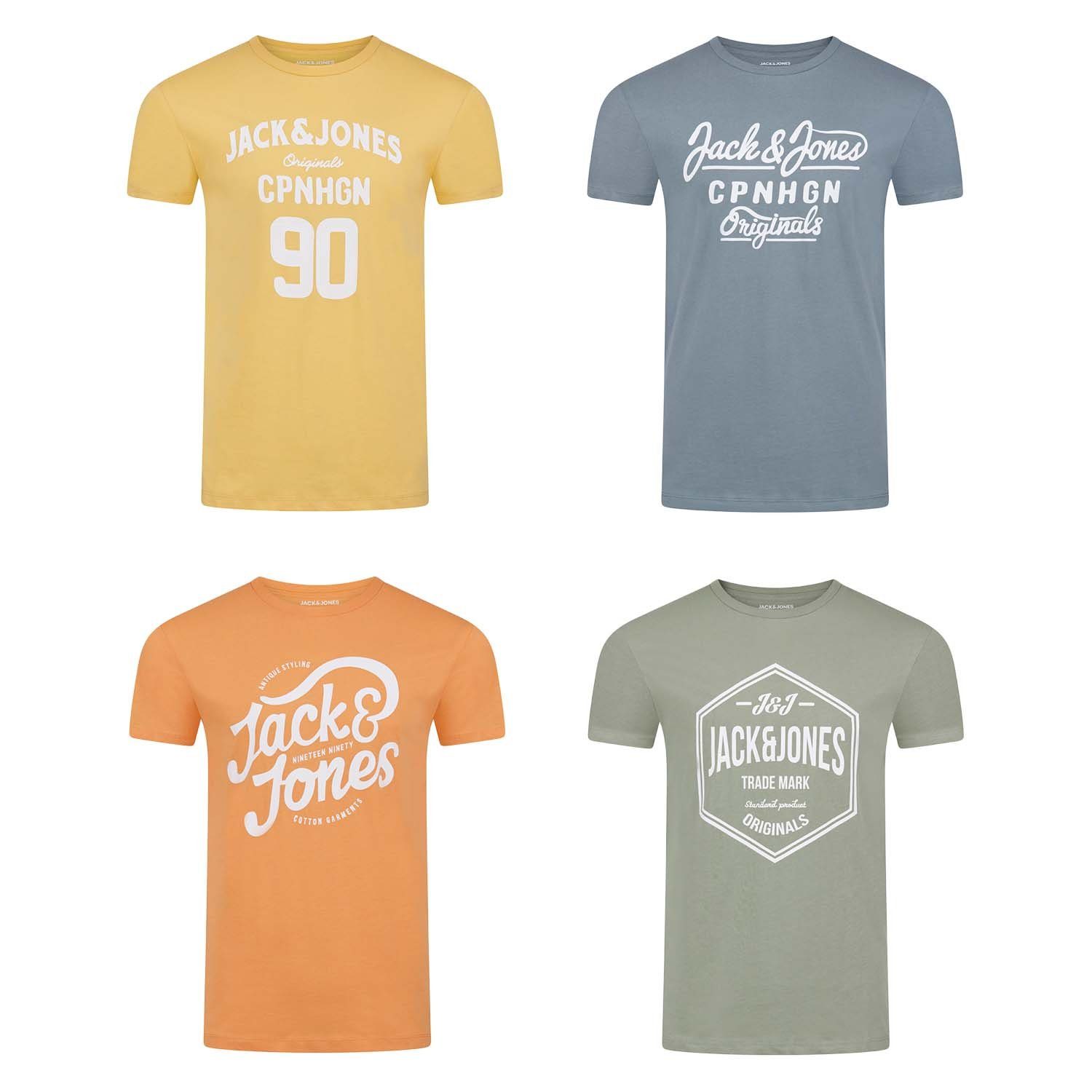 Jack & Jones T-Shirt Herren Logoprintshirt JJLINO Regualar Fit (4-tlg) Kurzarm Tee Shirt mit Rundhalsausschnitt aus 100% Baumwolle Pack 4