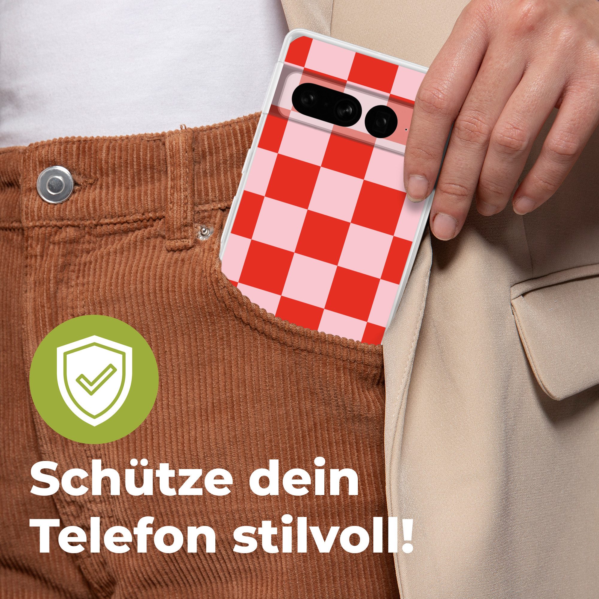 MuchoWow Handyhülle für Google Pixel 7 Pro Schachbrettmuster - Rot - Rosa - Würfel, Phone Case, Silikon, Schutzhülle Dünn