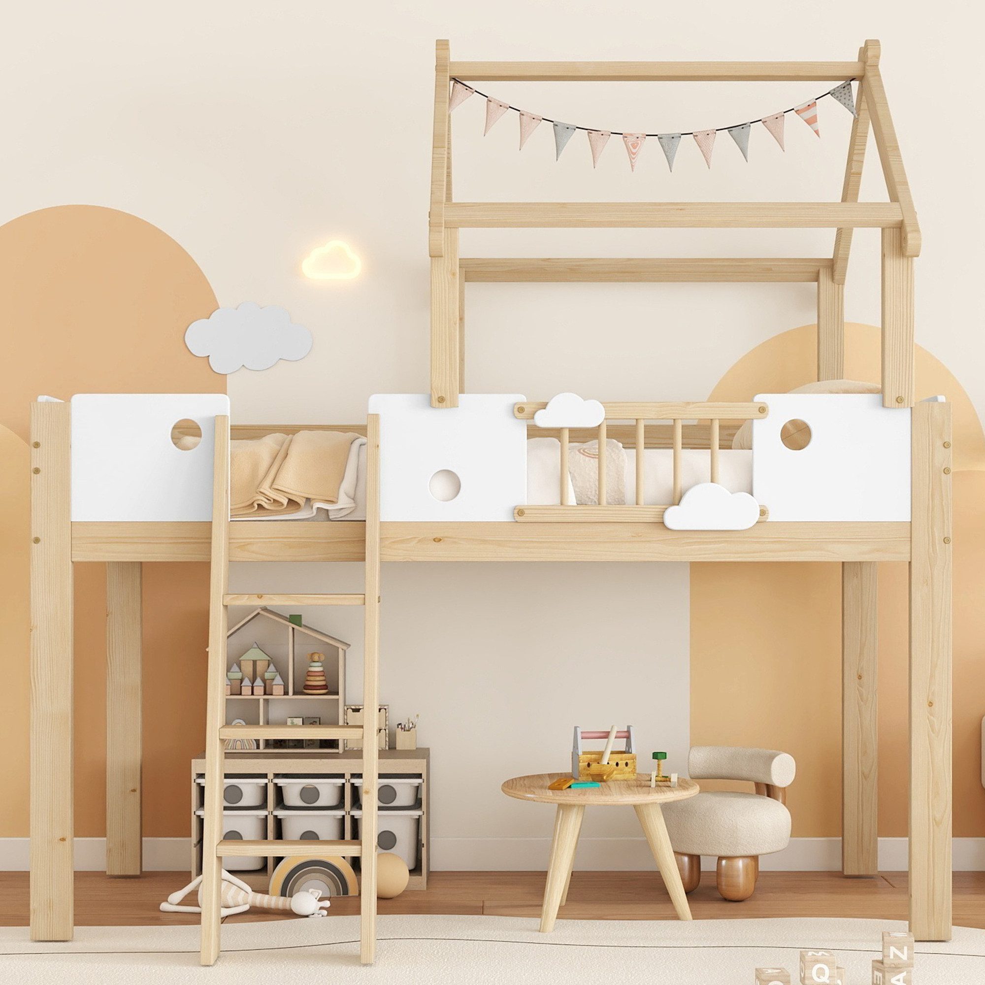 Flieks Hochbett Kinderbett Hausbett 90x200cm mit günstig online kaufen