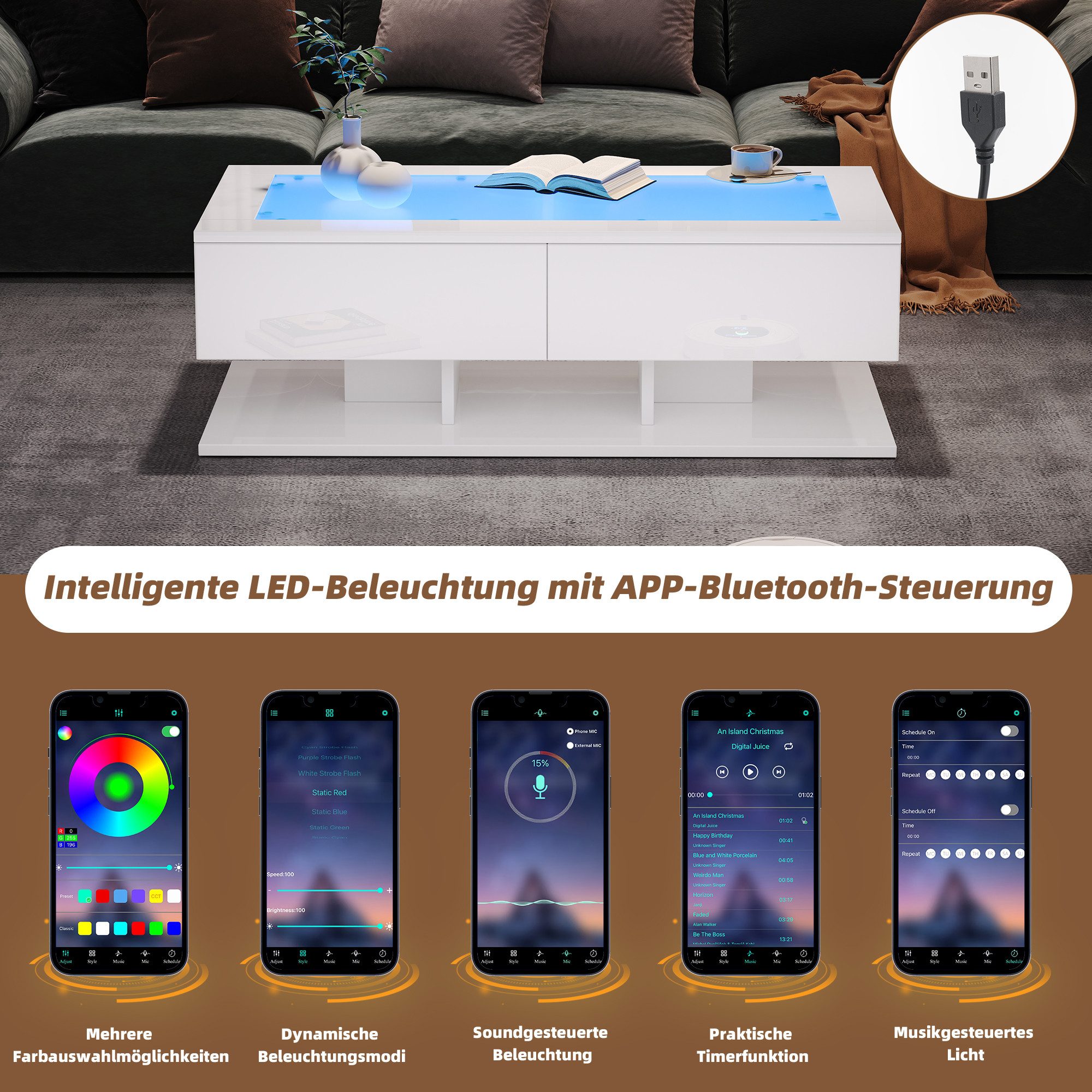 Merax Couchtisch hochglanz Sofatisch Beistelltisch mit LED-Beleuchtung inkl.App (1-St), Wohnzimmertisch mit 2 Schubladen und gehärtete Glasplatte, 100x50x35cm – Bild 5 von 5