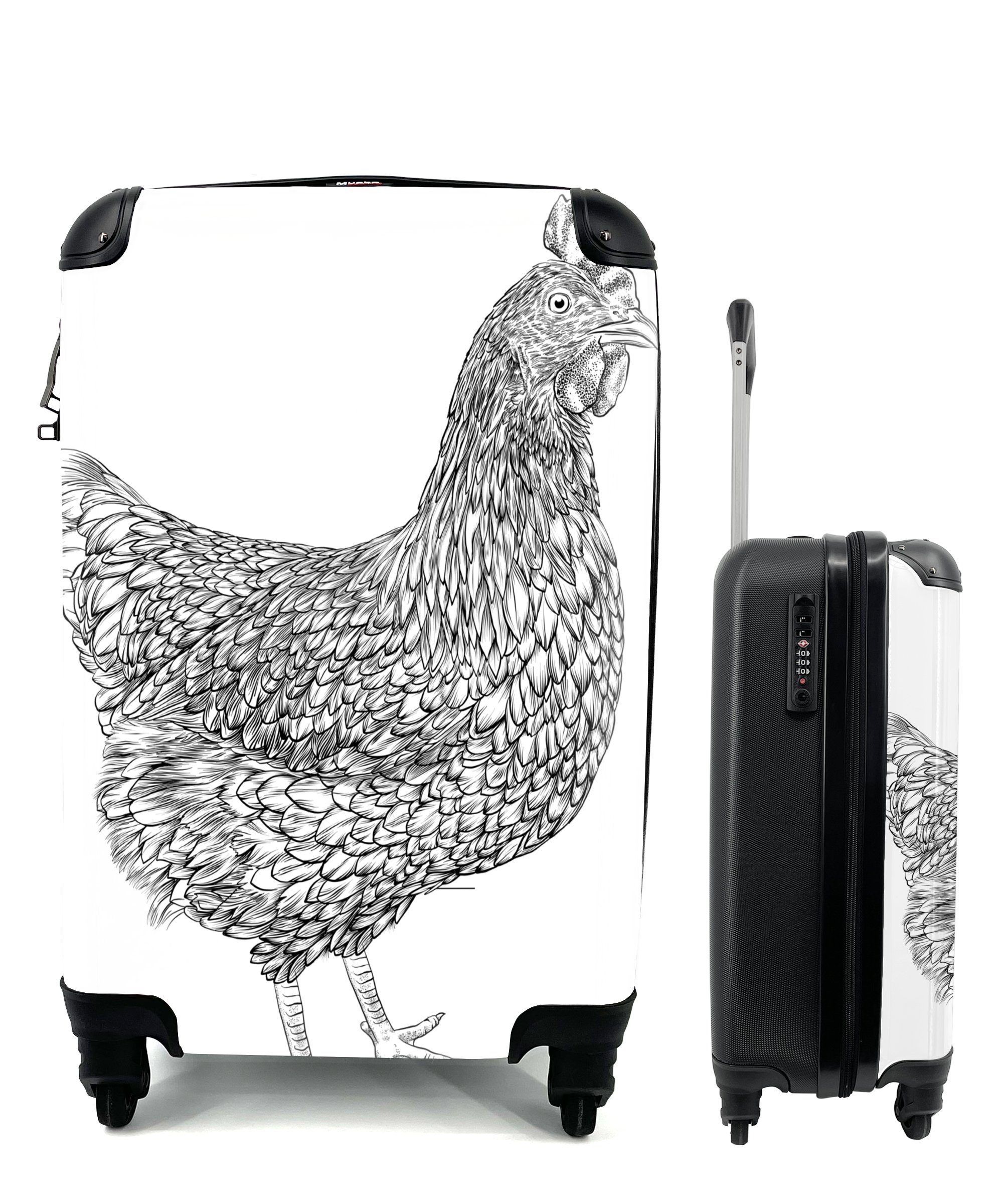 MuchoWow Handgepäckkoffer Eine Schwarz-Weiß-Illustration eines Huhns, 4 Rollen, Reisetasche mit rollen, Handgepäck für Ferien, Trolley, Reisekoffer