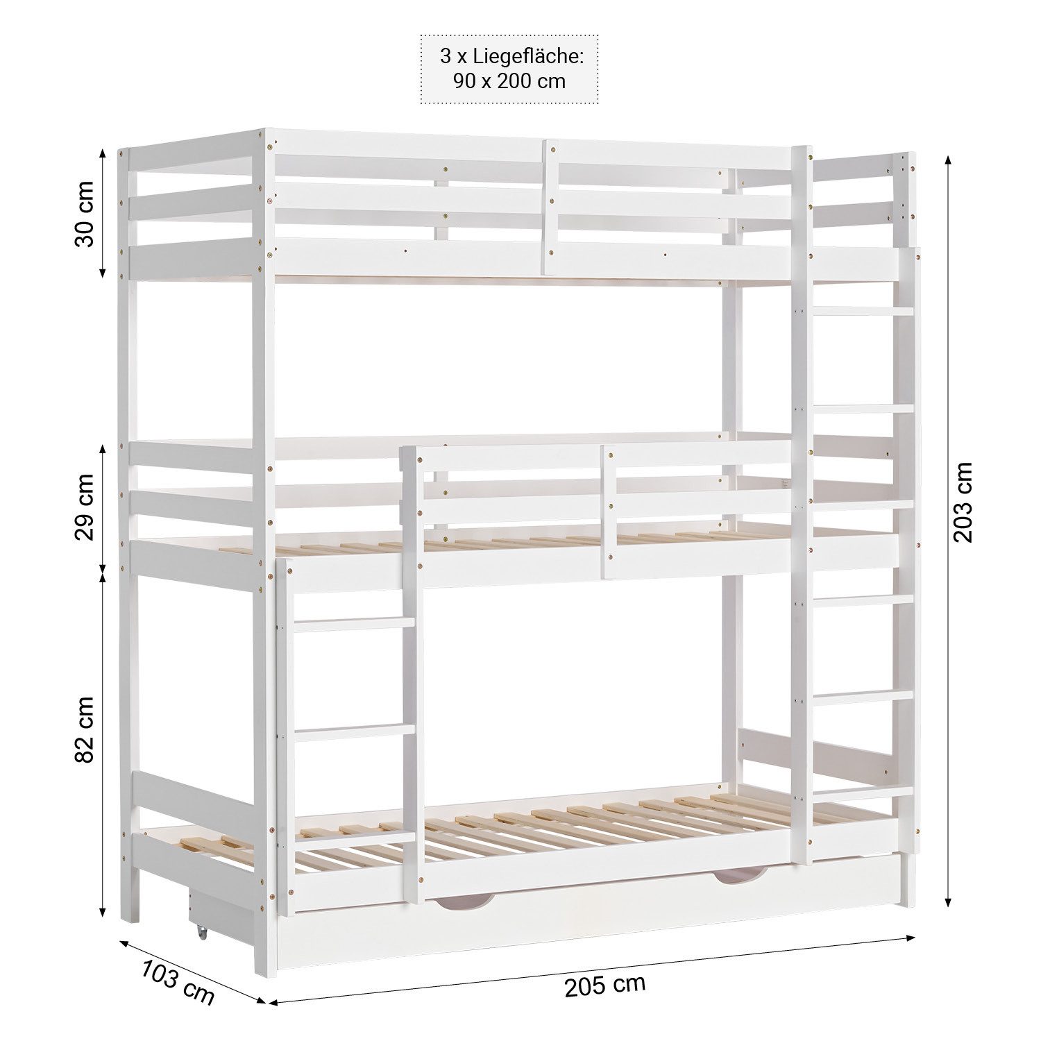 Homestyle4u Bunk Bed 90x200 Loft Bed for 3 People Triple Bed White Stairs 2 3 Children (Set, with slatted base and 1x bed box/drawer), 2 meters high, with 2 ladders, storage space, fall protection