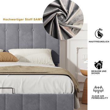 Merax Polsterbett Hydraulisch mit Bettkasten und Lattenrost, Doppelbett 140x200cm mit Samtbezug, Jugendbett