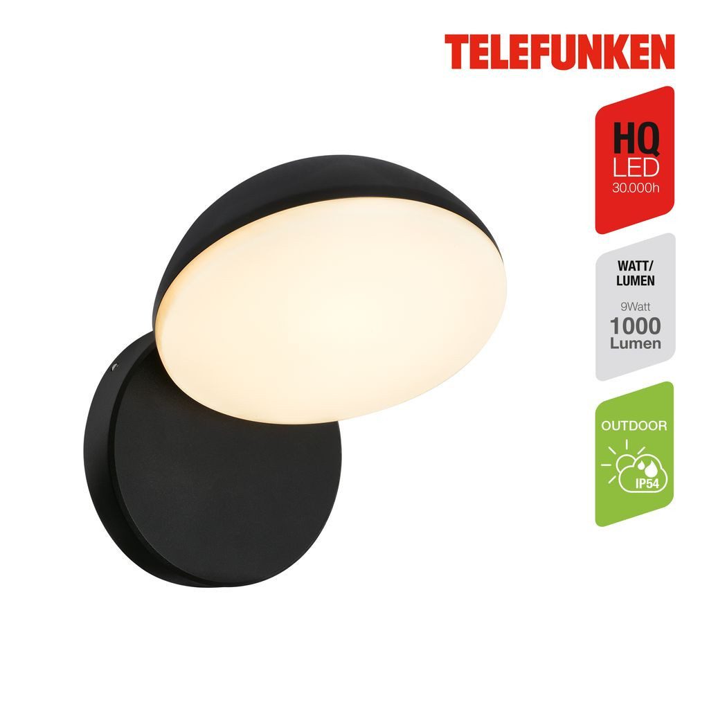 Telefunken Außen-Wandleuchte 323205TF, LED fest integriert, 2700K - Extra-Warmweiß, LED Wandleuchte Aussen 15x16x18 cm Schwarz 9W 1000lm Hauswand Balkon