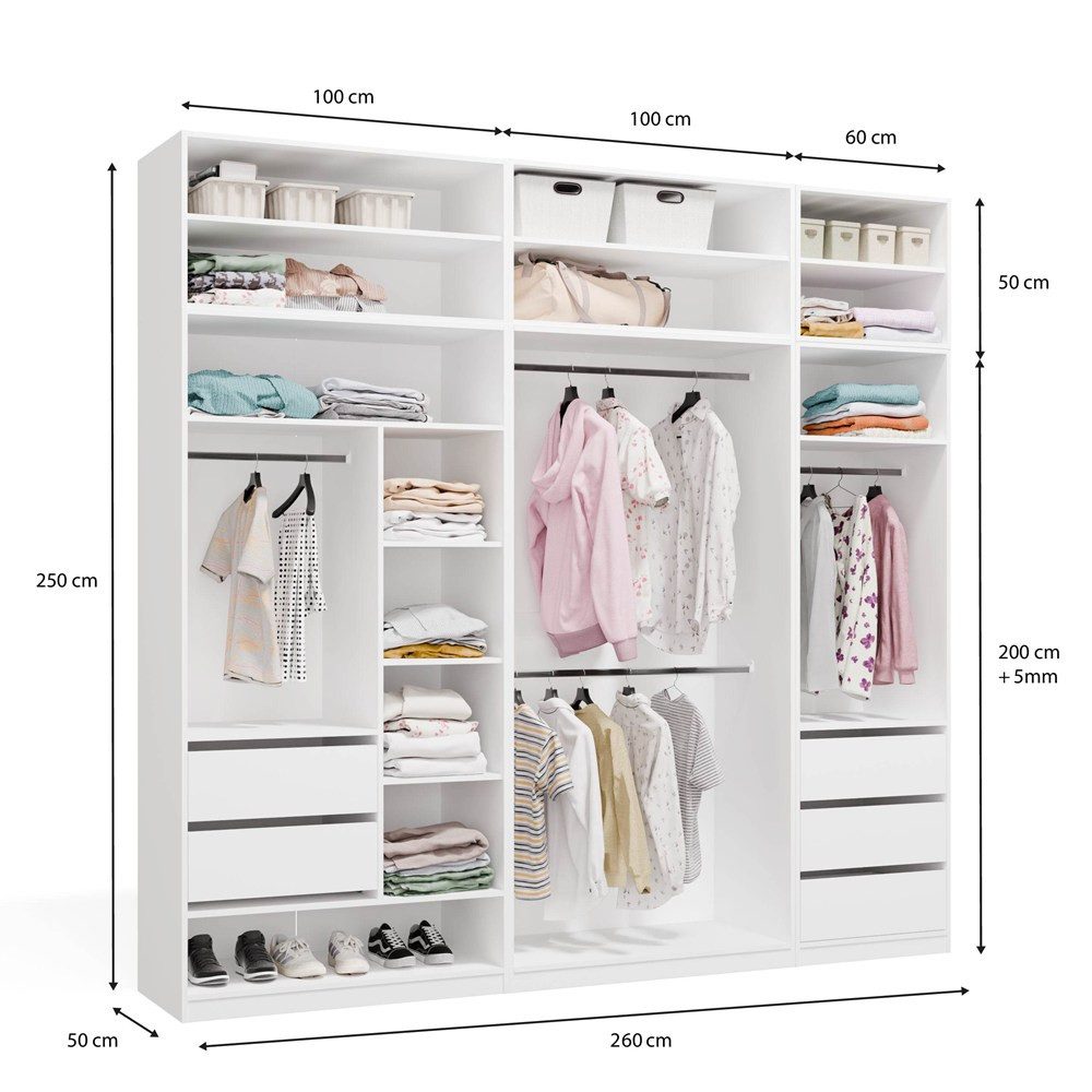 Raumhirsch Furniture Kleiderschrank Kleiderschrank, Garderobensystem, Schranksystem, Garderobe (Maße 260 x 50 x 250 (H) cm, 3 Segmente, 2 Kleiderstangen) Mit Schubladen, Modulares System