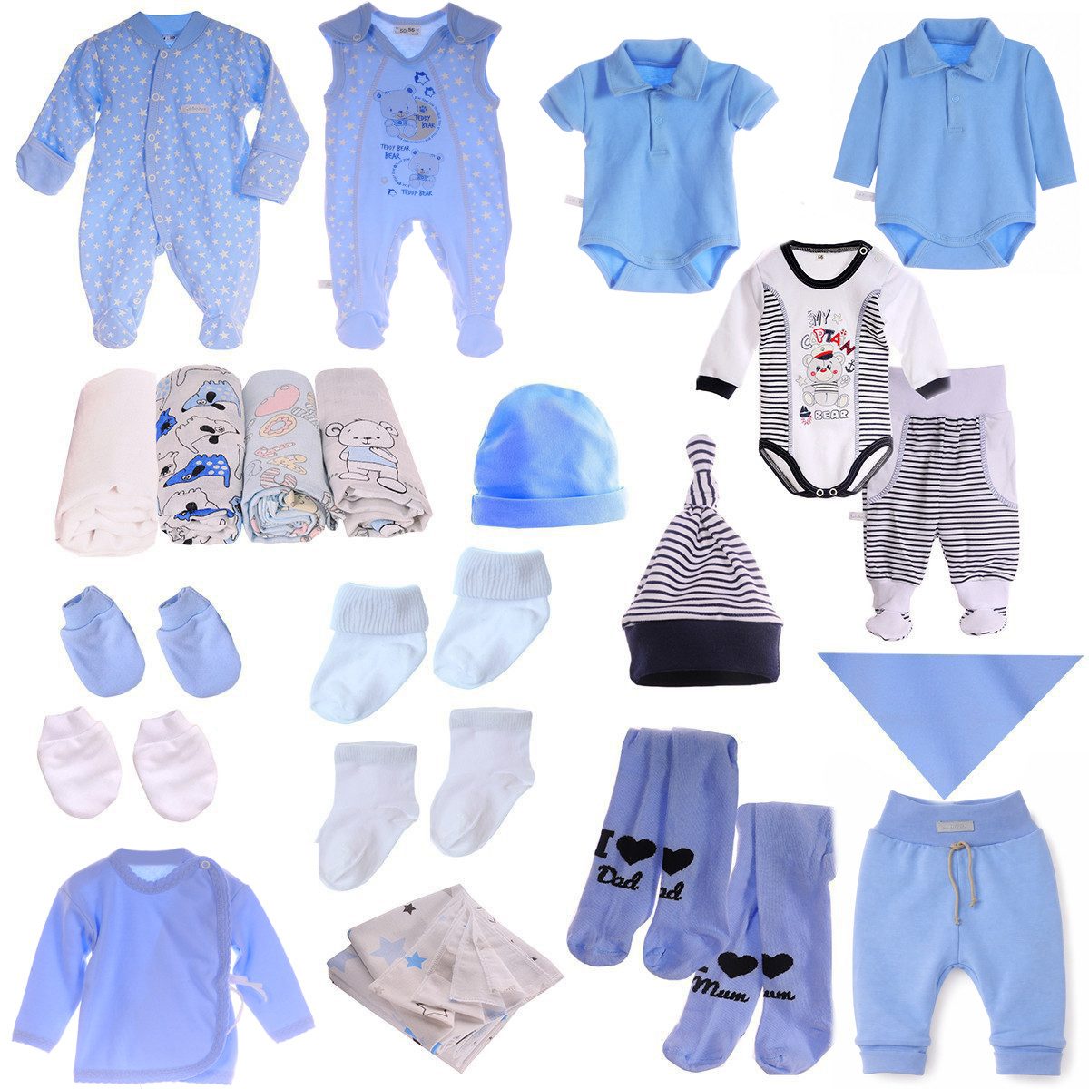 La Bortini Erstausstattungspaket Baby Set 22 Teile Body Hose Strampler Strumpfhosen Shirt Socken in Blau, aus Baumwolle, 44 50 56 62 Spucktücher Sabbertuch