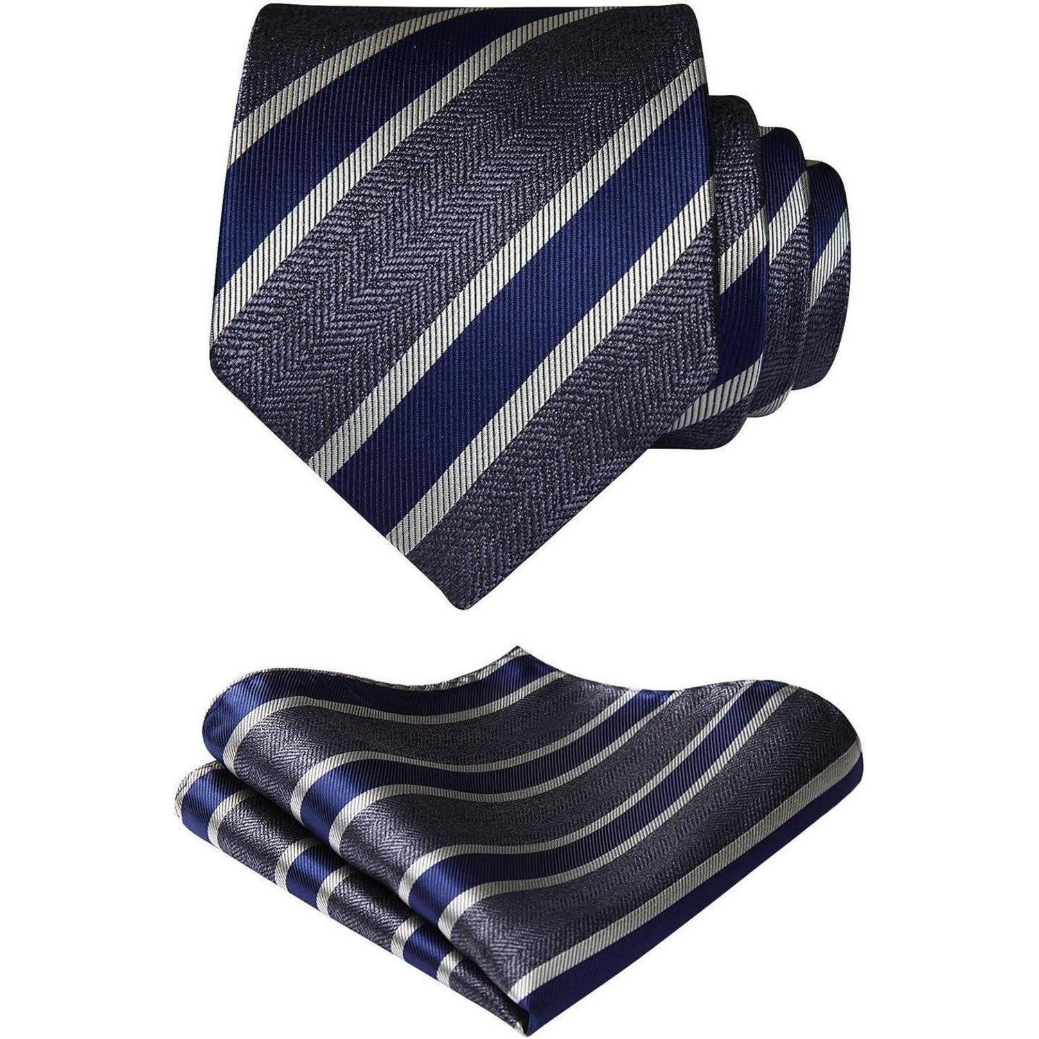 LuxusKollektion Krawatte Krawatte Herren gestreift Hochzeit Einstecktuch Set Grau & Marineblau