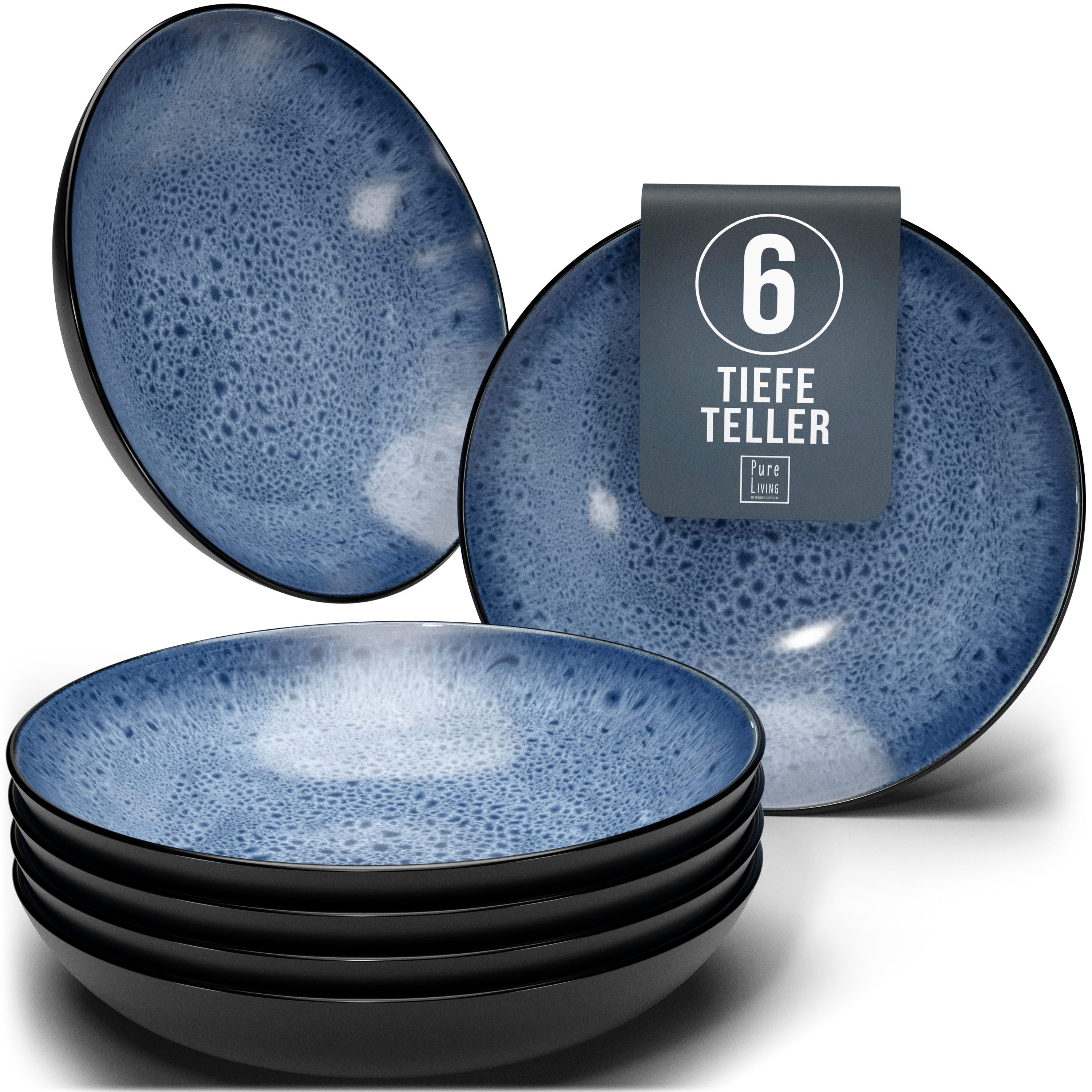 PURE LIVING INTERIOR DESIGN Geschirr-Set Ibiza, 6er-Set Suppenteller, 20 cm, Riffelstruktur, Tiefblau (6-tlg), 6 Personen, Steingut