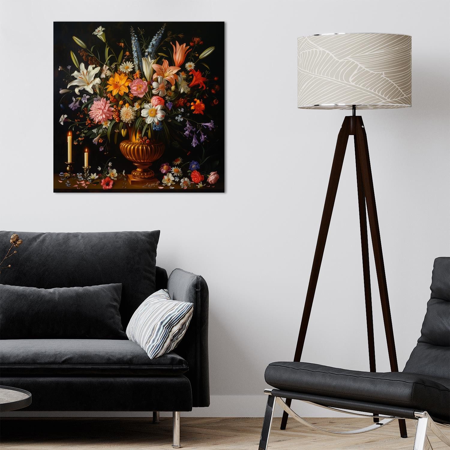 queence Leinwandbild Blumenstrauß und Kerzen, Blumen, Blumenbilder, Gemälde, Kunst, Pflanzen, Pflanzenbilder, Romantisch, Stillleben, Vasen, Vasen & Töpfe (1 St), Premium-Leinwandstoff, Handarbeit aus Deutschland