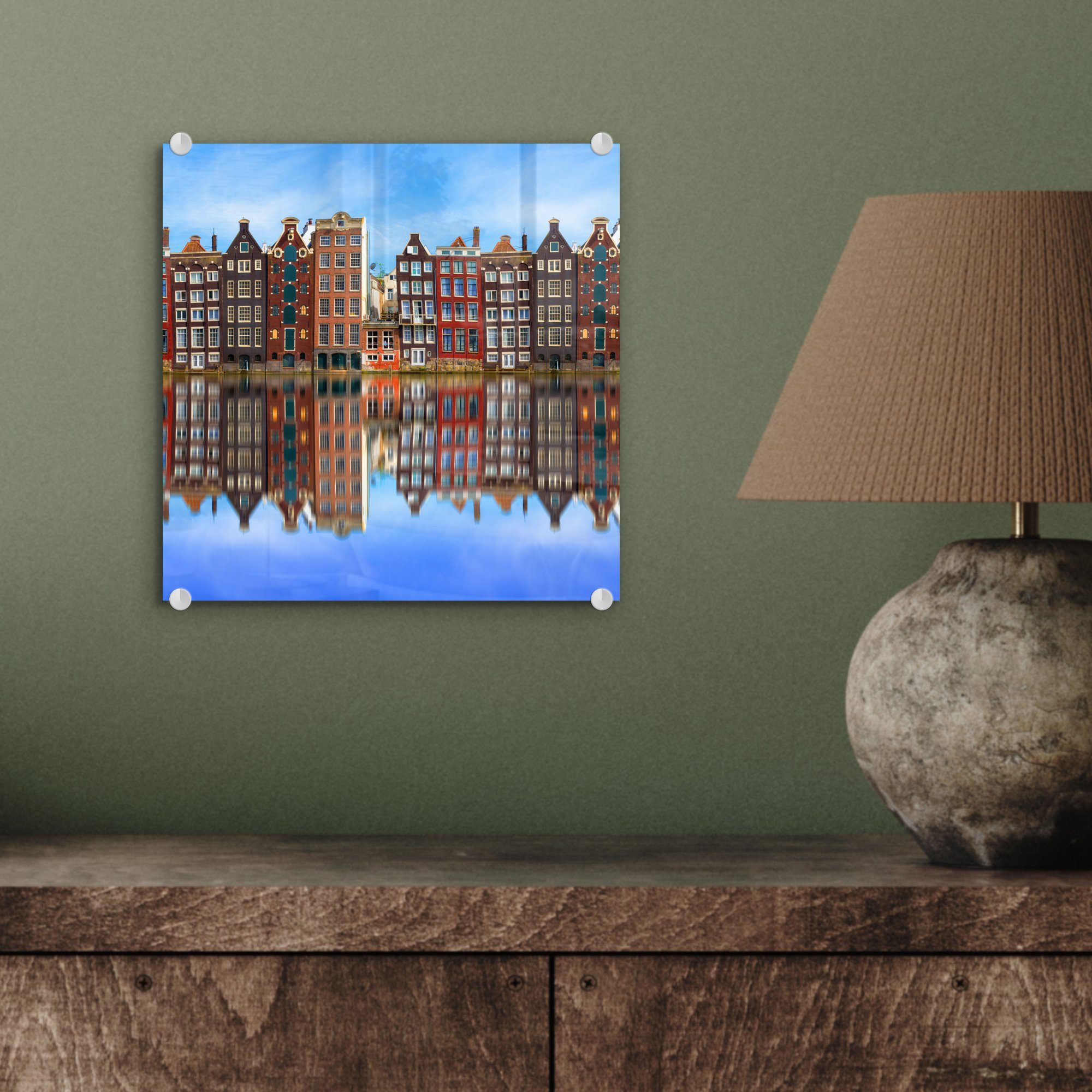MuchoWow Acrylglasbild Spiegelung der Foto Grachtenhäuser, Bilder Wandbild auf Glas Glas (1 Glasbilder - - auf Amsterdamer St), - Wanddekoration