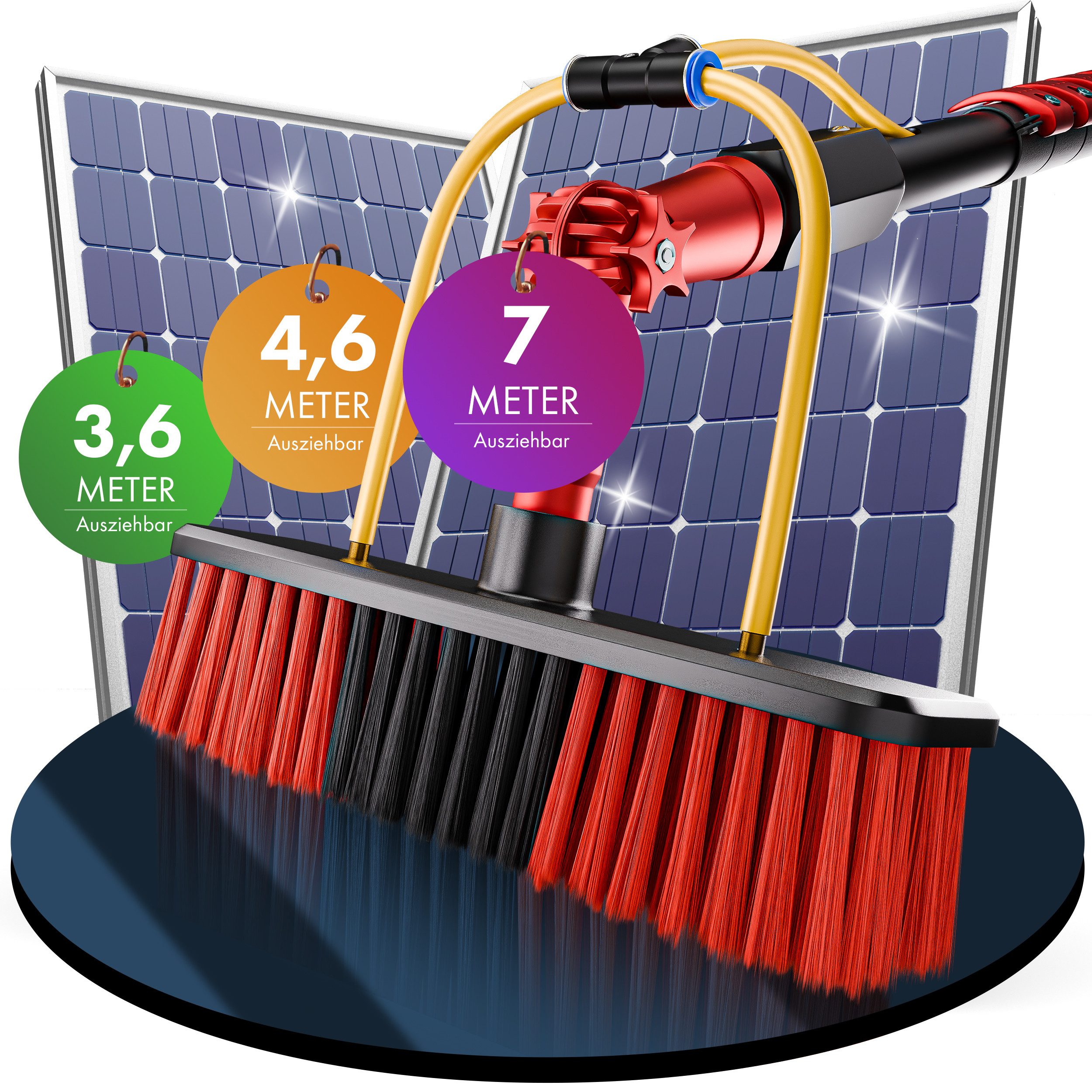 BoomDing Reinigungsbürste Teleskopstange mit Wasseranschluss 3,6, 4,6 oder 7 Meter mit Bürste, Reinigung von, PV Anlage, Wintergarten, Terrasse, Solaranlage, Photovoltaik, (Solaranlage reinigen), Innenliegender Schlauch