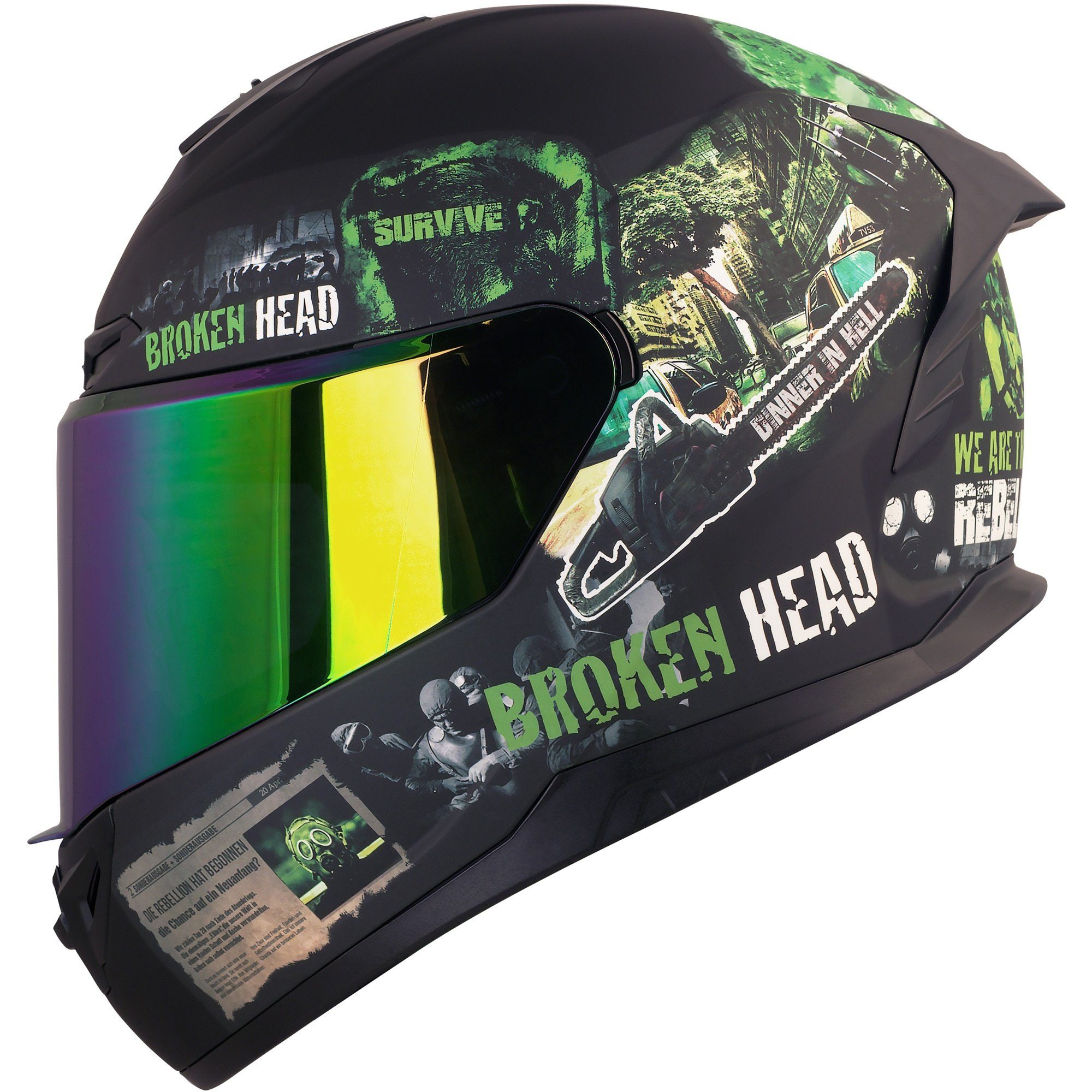 Broken Head Motorradhelm Broken Head Integralhelm Resolution Grün Set Inklusive Grün-Verspiegeltem Visier (Mit Grün verspiegeltem Visier), Mit rebellischen Motiven