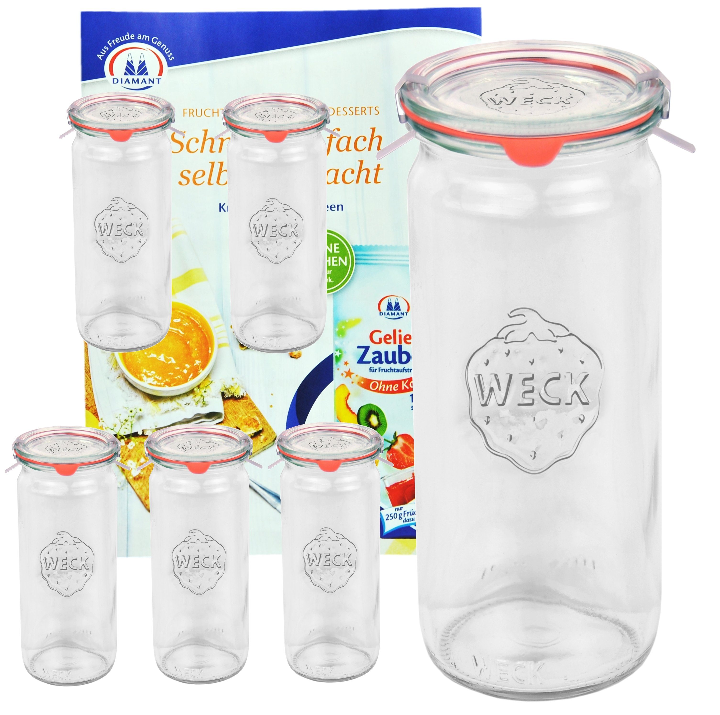 MamboCat Einmachglas 6er Set Weck Gläser Zylinderglas 600ml mit Deckel Einkochring Klammer, Glas