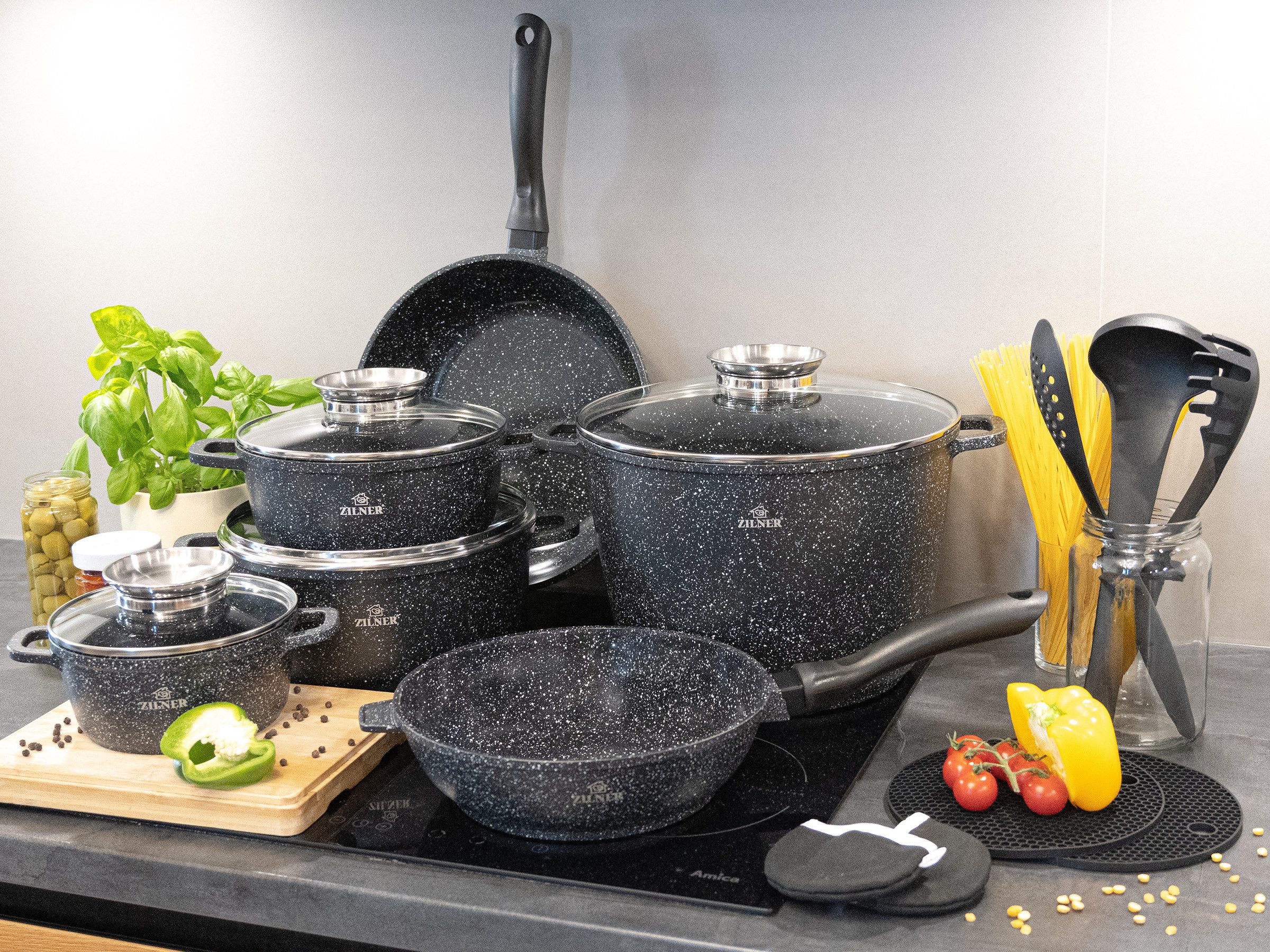 Zilner Topf-Set Schöne graue Töpfe in verschiedenen Größen Pfannen Steinbeschichtung, Aluminiumguss, Aluminium, Keramik, Edelstahl (1.3L / 2.3L / 2.4L / 3.4L / 4.5L / 10.2L, 17-tlg., Es ist eine perfekte Geschenkidee für jeden Anlass. Bestseller-Topfset), Innovative Aroma Knob-Griffe