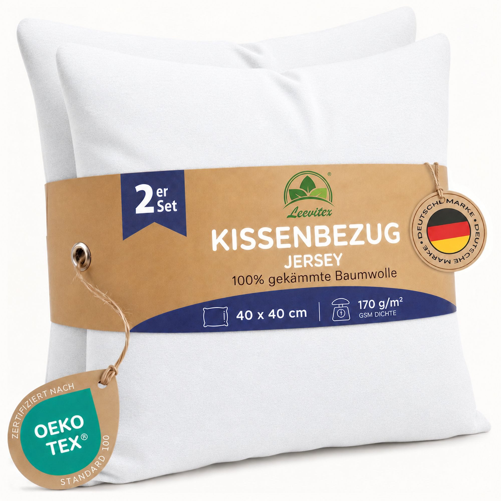 leevitex® Kissenbezüge Kissenbezug 40 x 40 cm, 2er Set, Weiß, (2 Stück), feine Jersey-Qualität, 100% Baumwolle, robuster Reißverschluss