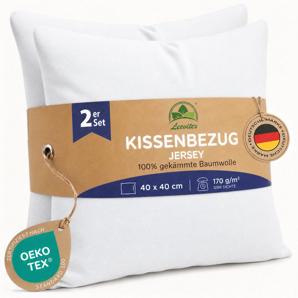 leevitex® Kissenbezüge Kissenbezug 40 x 40 cm, 2er Set, Weiß, (2 Stück), feine Jersey-Qualität, 100% Baumwolle, robuster Reißverschluss