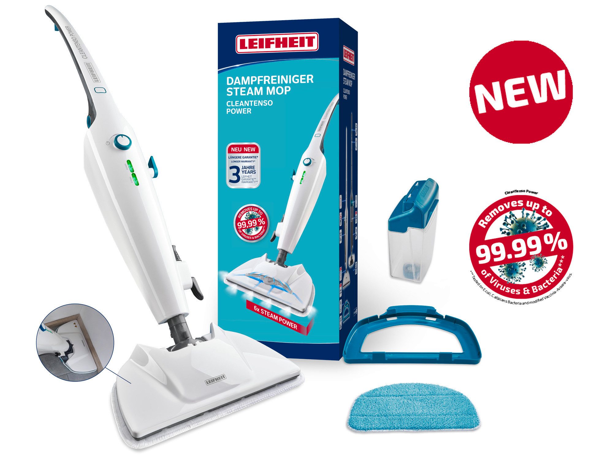 Leifheit Dampfreiniger Dampfreiniger CleanTenso Power, 1300 W, 6 Power-Steam-Düsen, bis zu 50 Minuten Nutzung, Mikrofaser Wischpad