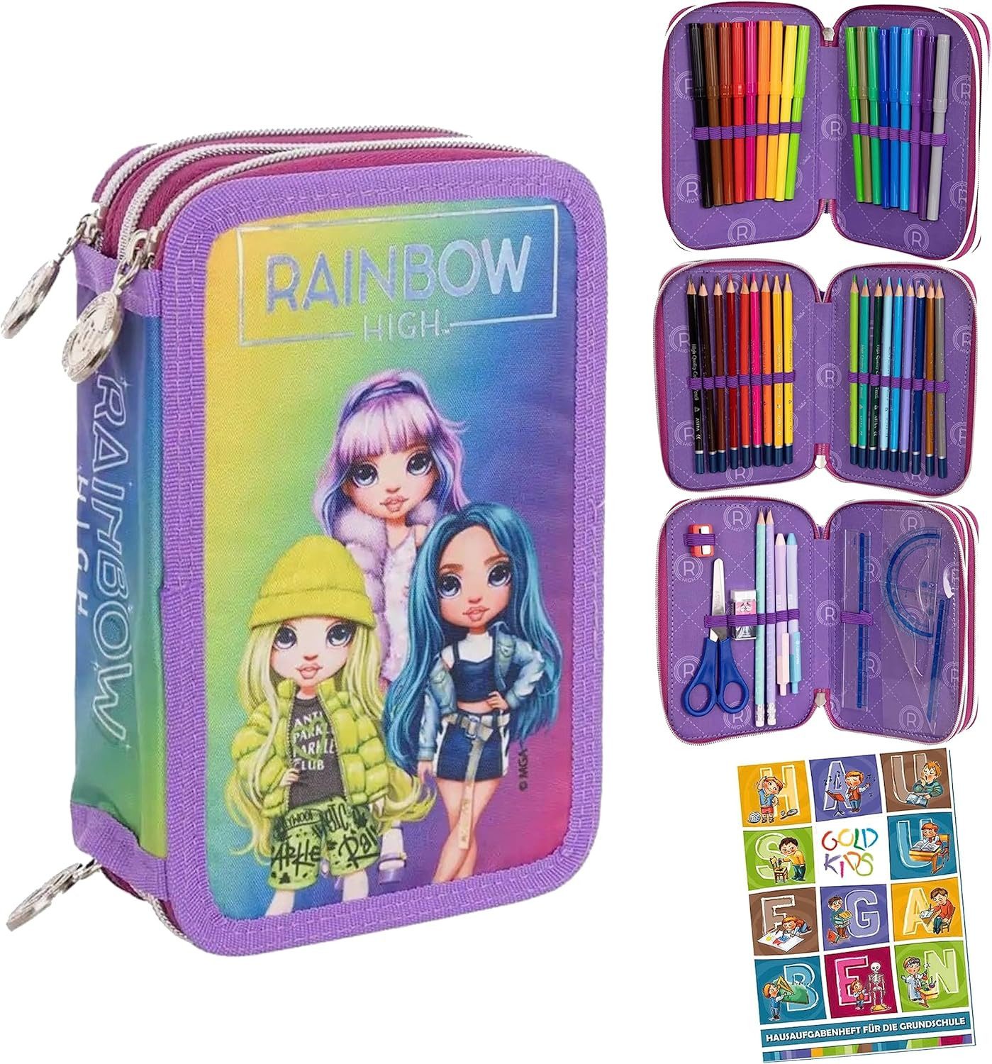 GOLDKIDS Federmäppchen Federtasche 3-fache Mädchen Rainbow High, (Silver Style Motiv Federmäppchen 46-teilig, 1-tlg., gefüllte Schüleretui Stifte und), Pinsel inkl.hausaugabenheft Federbox Etui Schul-Etui