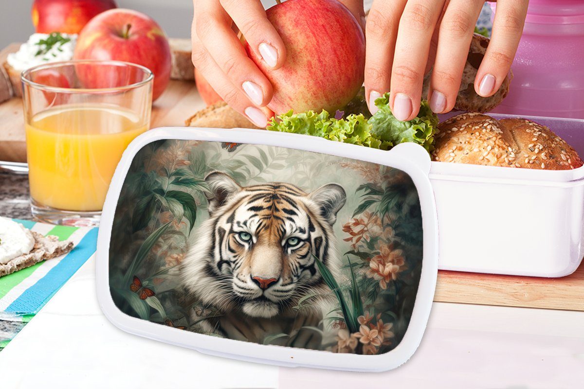 und - Mädchen - Tiger Brotbox für und Kinder Schmetterlinge Brotdose, - MuchoWow Jungs Dschungel - weiß Tiere (2-tlg), Blumen, Erwachsene, Lunchbox für Kunststoff,