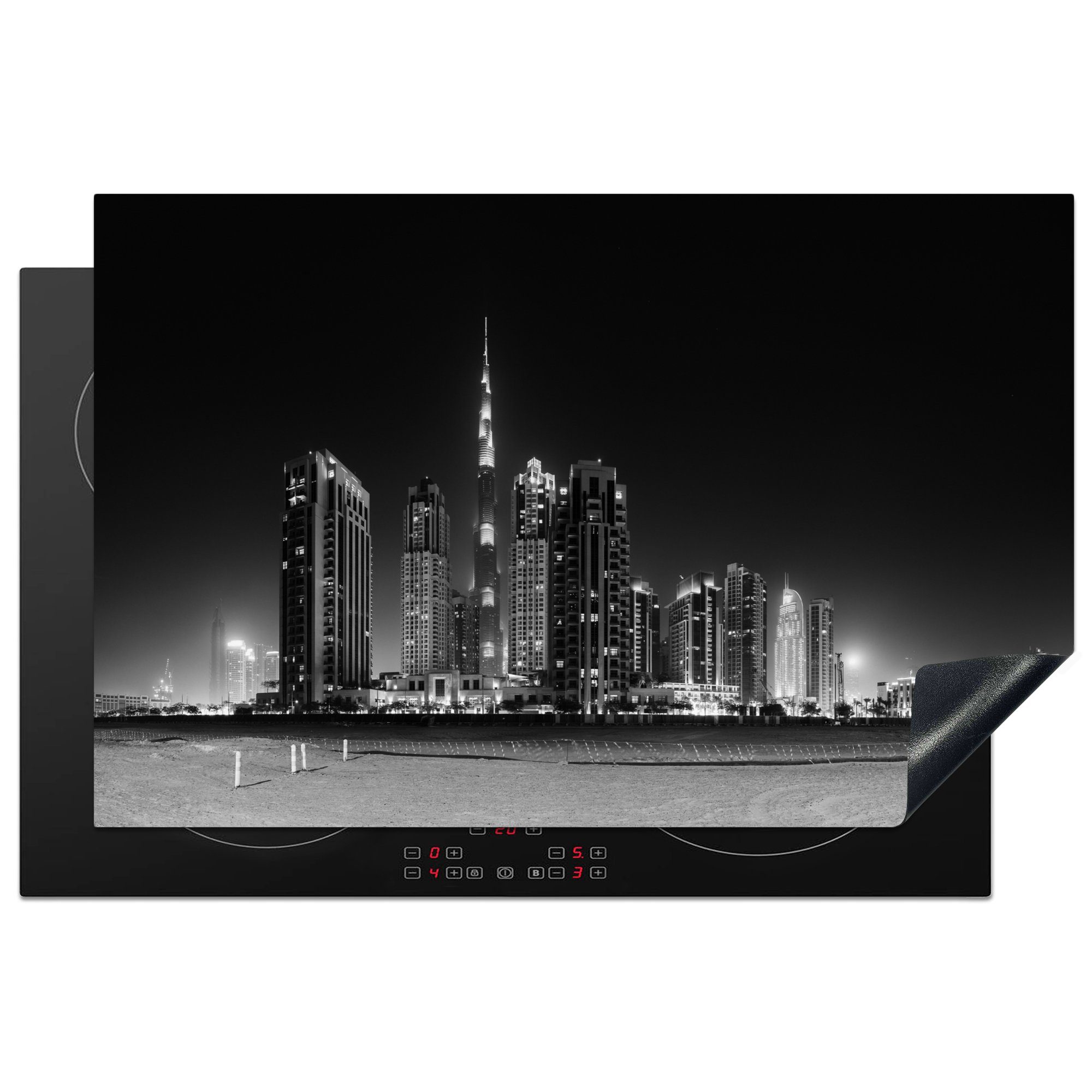 Schockierende Preise! MuchoWow Herdblende-/Abdeckplatte Skyline - Schwarz Dubai, (1 Ceranfeldabdeckung die - cm, Schutz tlg), 81x52 - Weiß Vinyl, küche, für Induktionskochfeld