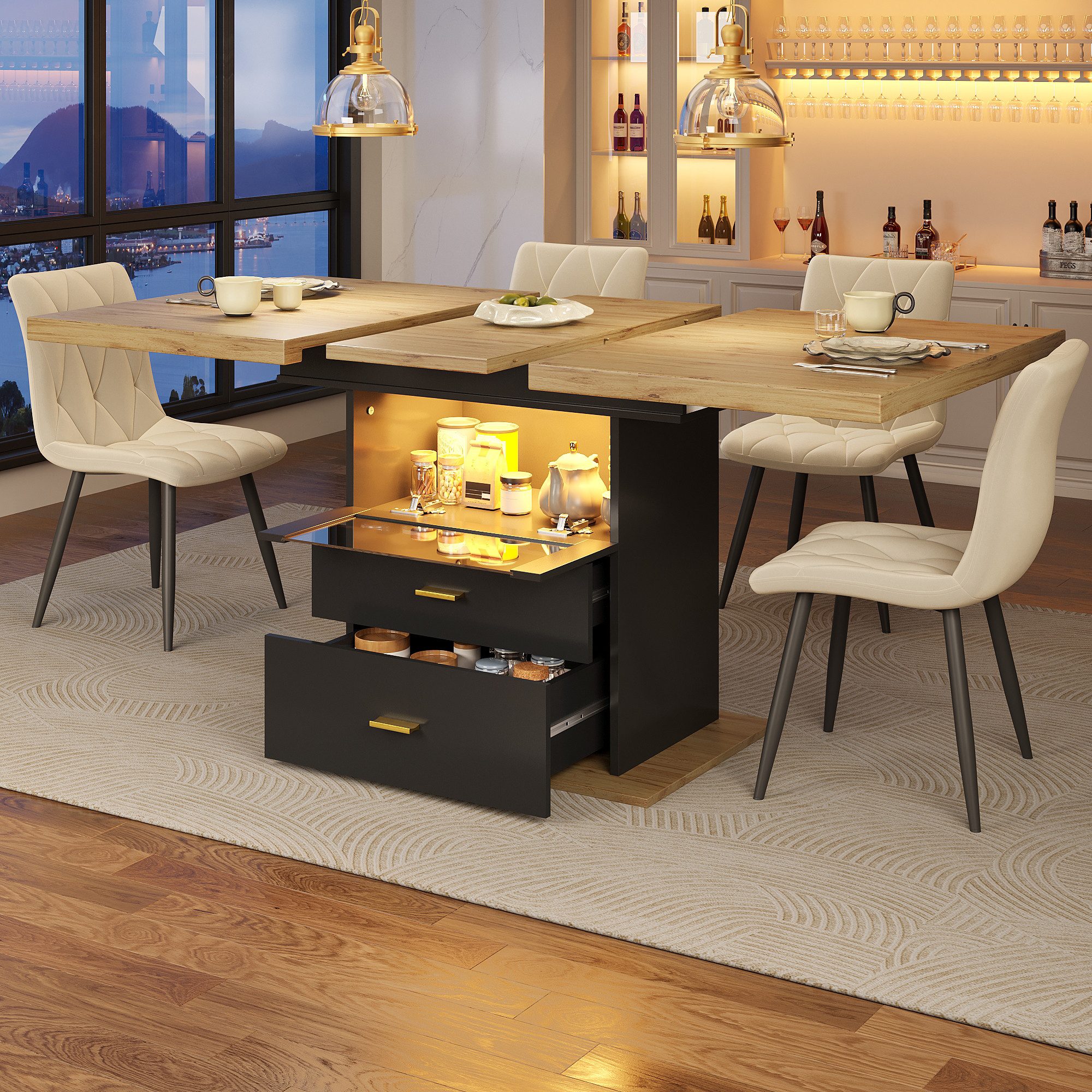 HAUSS SPOLE Esstisch mit Schubladen,Küchentisch Wohnzimmertisch ausziehbar mit LED-Licht (mit LED-Beleuchtung, Holzmaserung, für bis zu 6 Personen, ideal für Esszimmer & Wohnzimmer, 1-St., 110-140×80 cm)