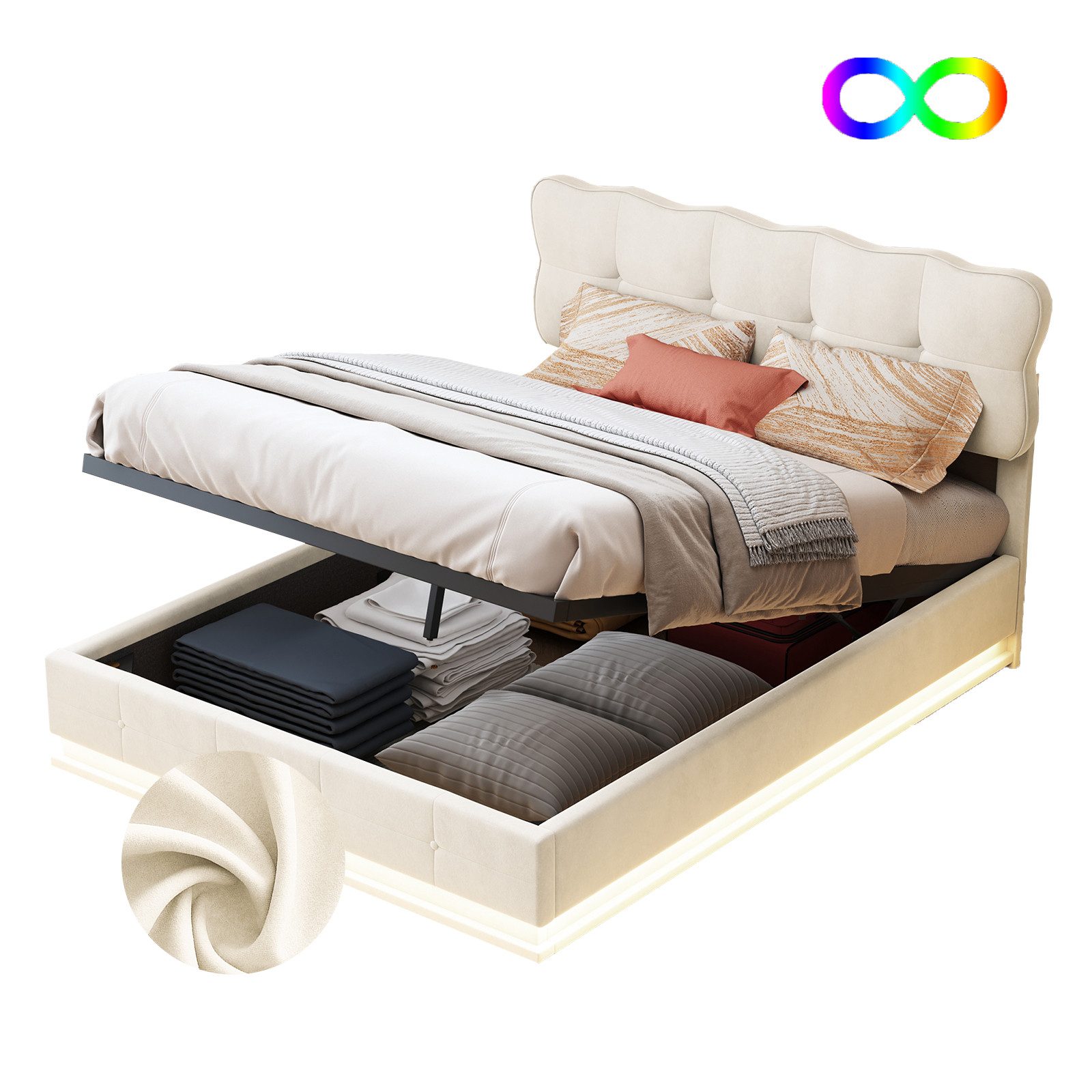 FUROKOY Boxspringbett 140x200cm LED Doppelbett Stauraumbett günstig online kaufen