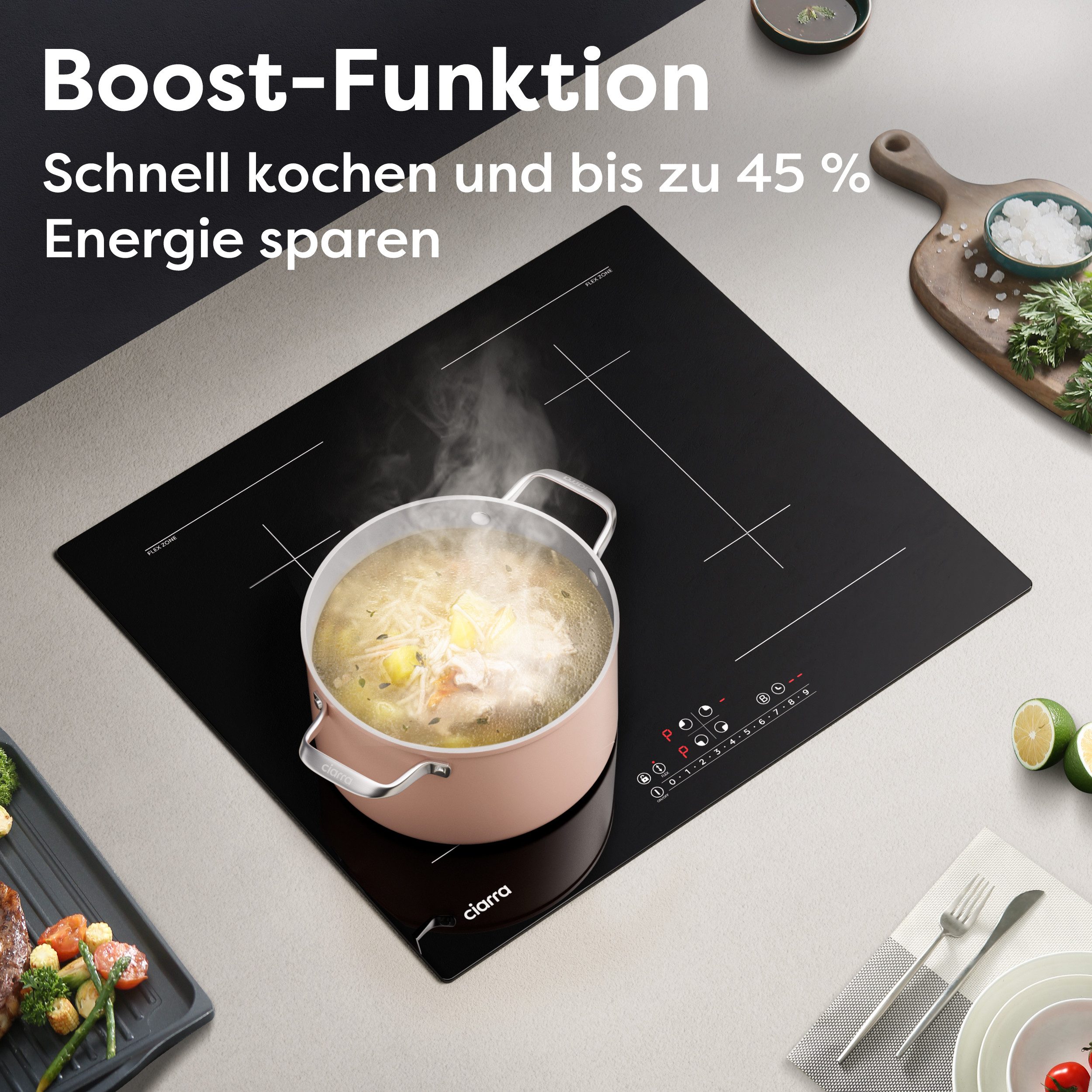 CIARRA Flex-Induktions-Kochfeld 60 cm Induktionskochfeld mit BOOST 2-Flex-Zone Touch Control CBBIH4BFF, 4-Zonen Einbau Kochfelder Induktionsherd 9 Stufen 99 Min Timer