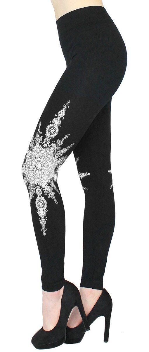 dy_mode Highwaist Leggings Damen Leggings mit Blumen Druck Mandala Muster Leggins Schwarz mit elastischem Bund JL103-Weiß