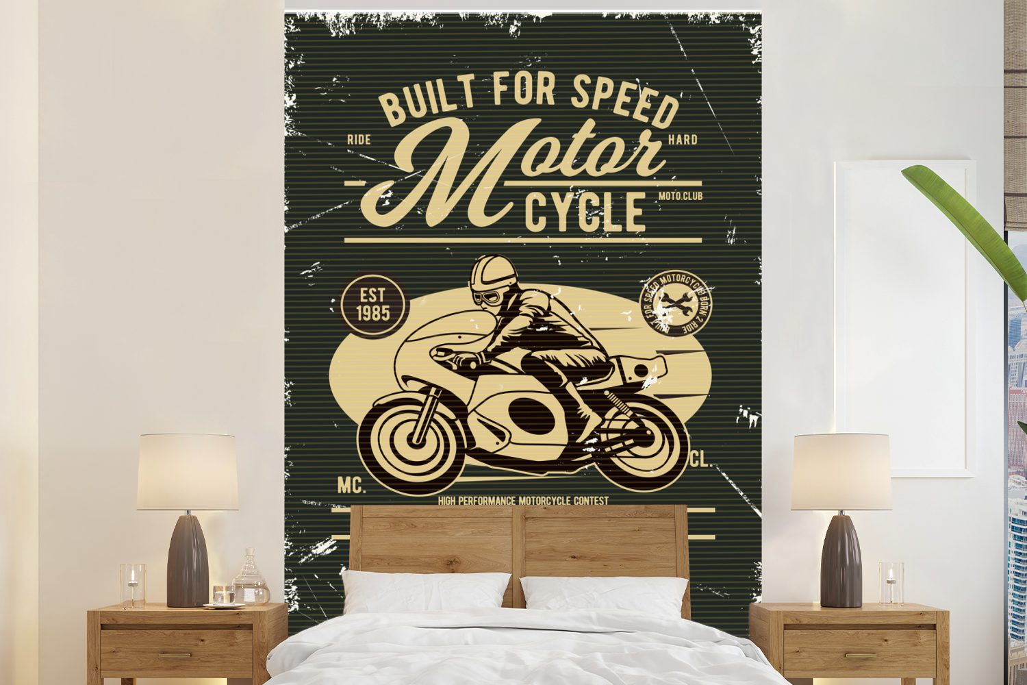 MuchoWow Fototapete Motorrad - Mann - Retro, Matt, bedruckt, (3 St), Montagefertig Vinyl Tapete für Wohnzimmer, Wandtapete