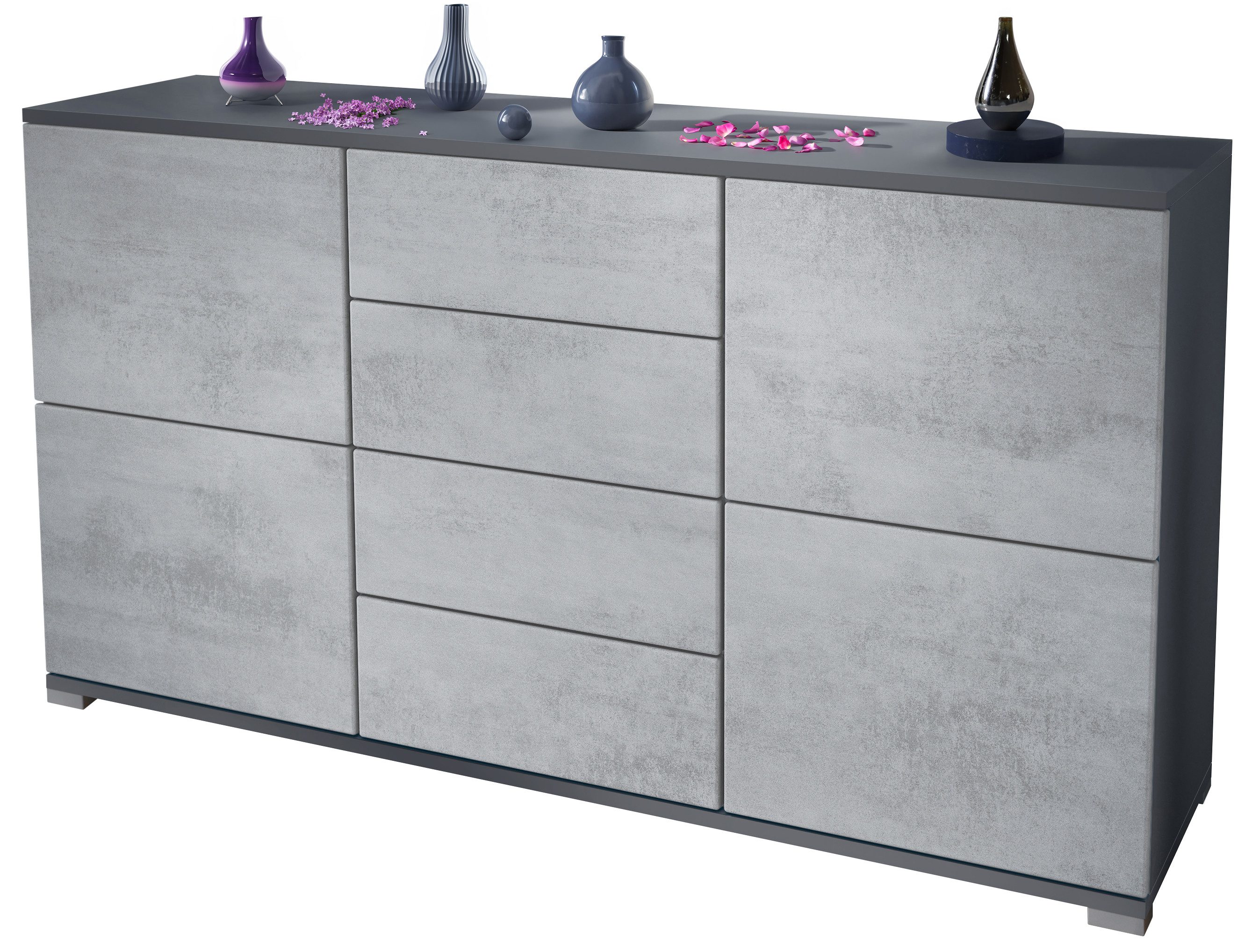 Vladon Sideboard Rova V1 (Kommode mit 4 Türen, 4 Schubladen, Made in Germany), Anthrazit matt/Beton Oxid Optik (138,5 x 75,5 x 35)