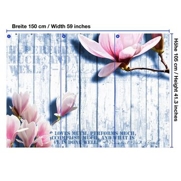 wandmotiv24 Fototapete Blau Holz rosa Blüten, glatt, Wandtapete, Motivtapete, matt, Vliestapete