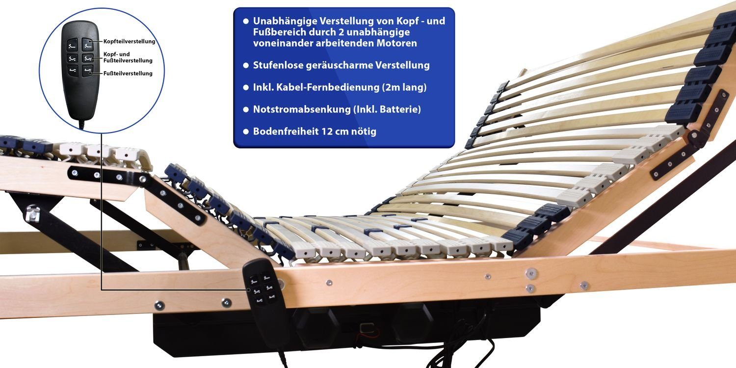 Lattenrost, Coemo, Kopfteil motorisch verstellbar, Fußteil motorisch  verstellbar, elektr. Lattenrost 80x200 stufenlos verstellbar, Not-Aus  Absenkung