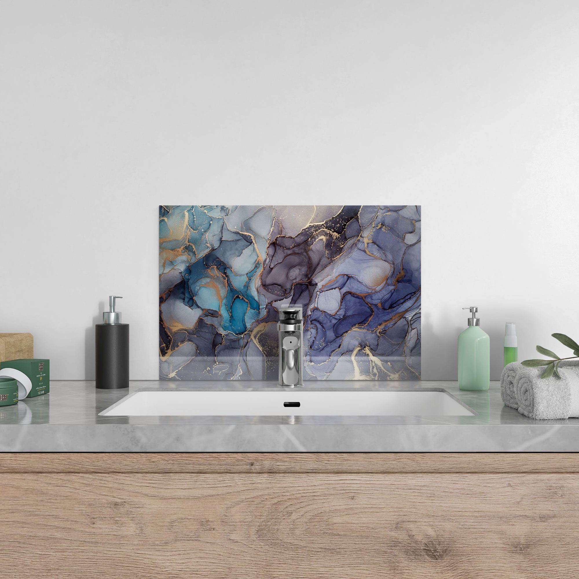 Glas Küchenrückwand Herdblende Tinteneffekt', Badrückwand DEQORI 'Stilvoller Spritzschutz