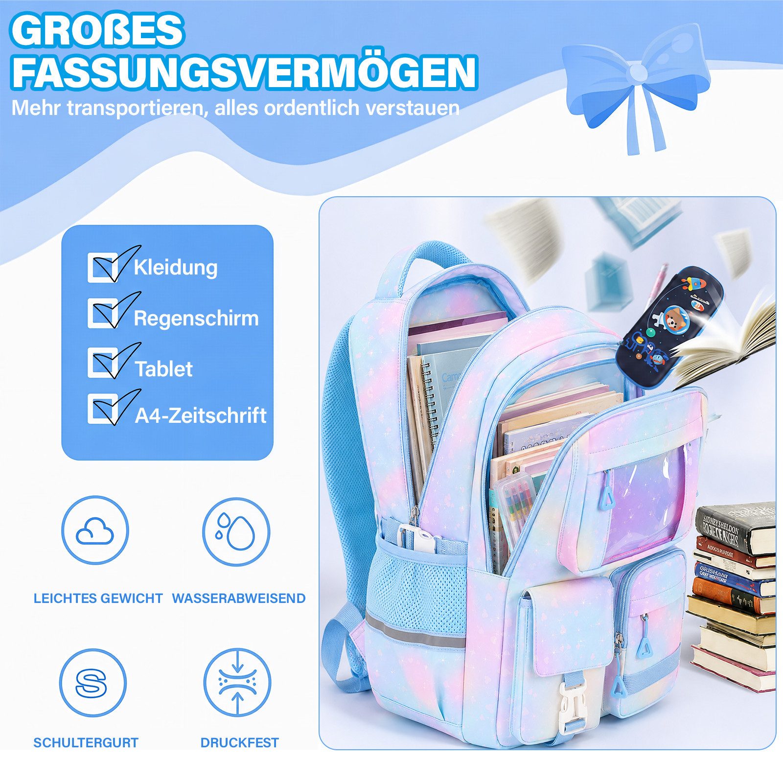 MOPUEA Schulrucksack Schulrucksack Rucksack Schultasche Büchertasche Wasserdicht (Mädchen Lässiger Schulranzen, Atmungsaktiv), Multi-Tasche Freizeitrucksack für – Bild 3 von 5