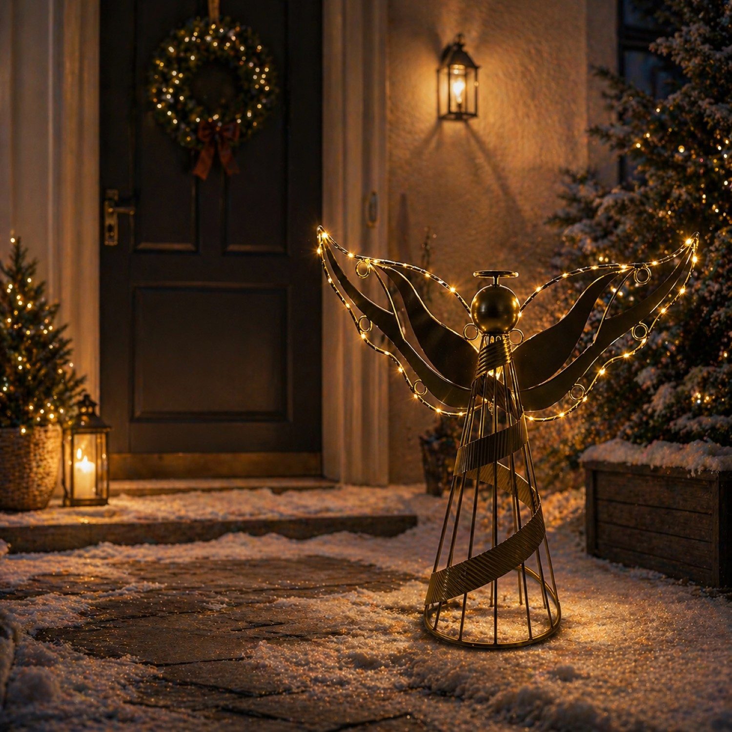Online-Fuchs Dekofigur großer Engel aus Metall mit LED-Lichterkette & Timer - Weihnachtsdeko (goldfarbig, warmweiße Beleuchtung), für den Außenbereich geeignet - Outdoor